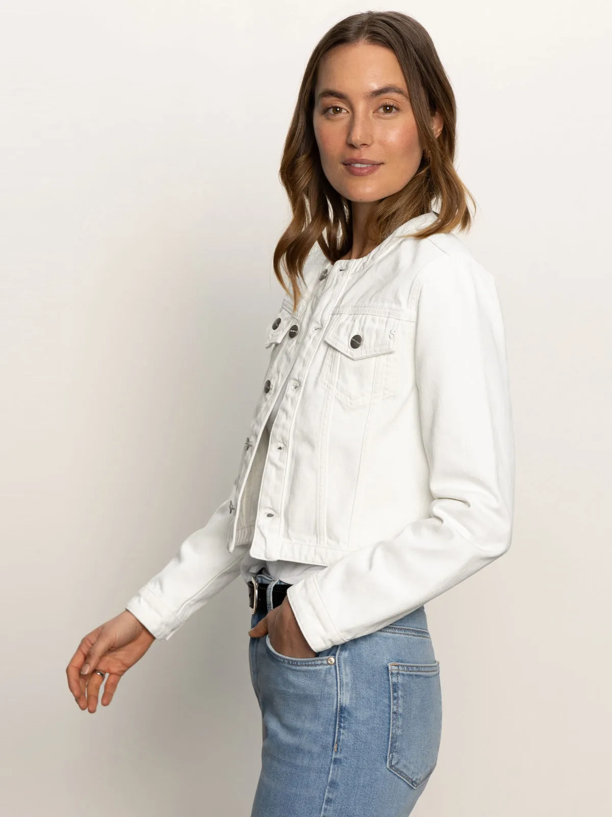 Denim Collarless Lady Jacket White Friction Reducing Finish Formal Blouse