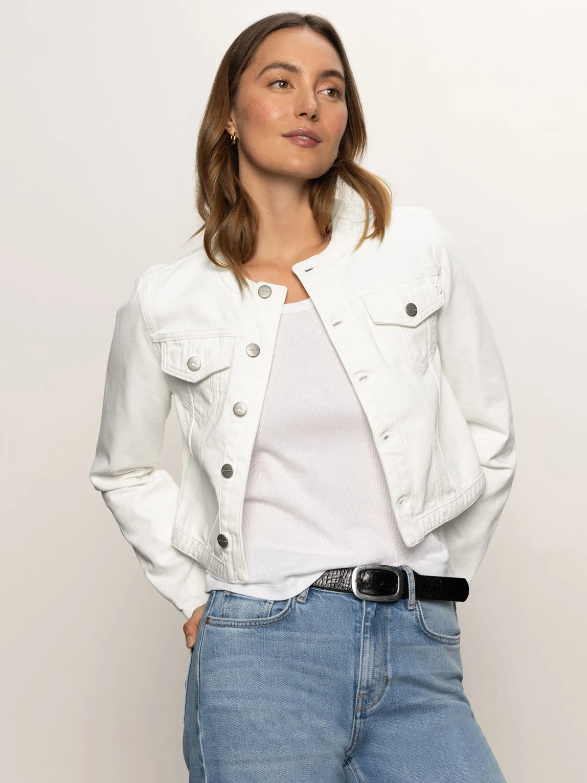 Denim Collarless Lady Jacket White Simple Style