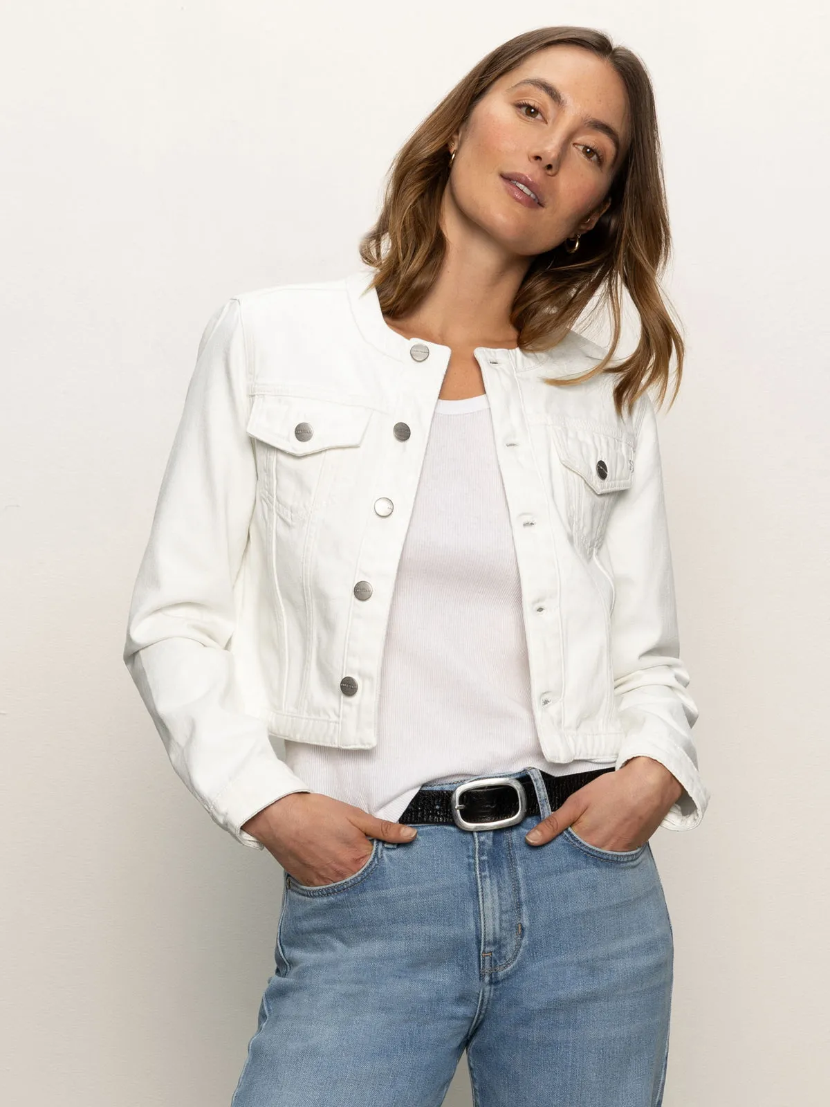 ZeroWaste Construction Breathable Microfiber Denim Collarless Lady Jacket White