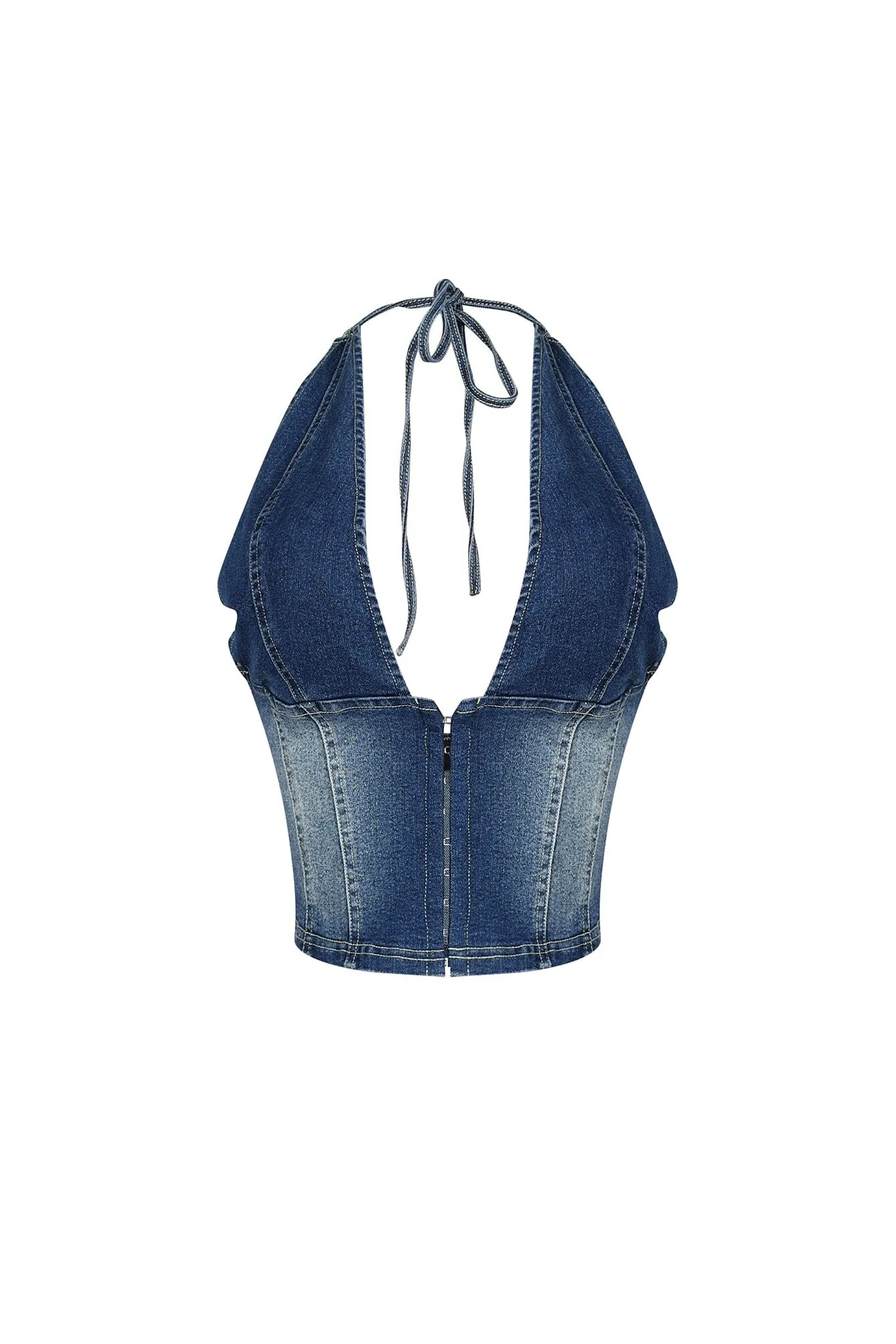 VNeckline Raw Edge Detail French Terry Texture Denim Diva Plunge Halter Top