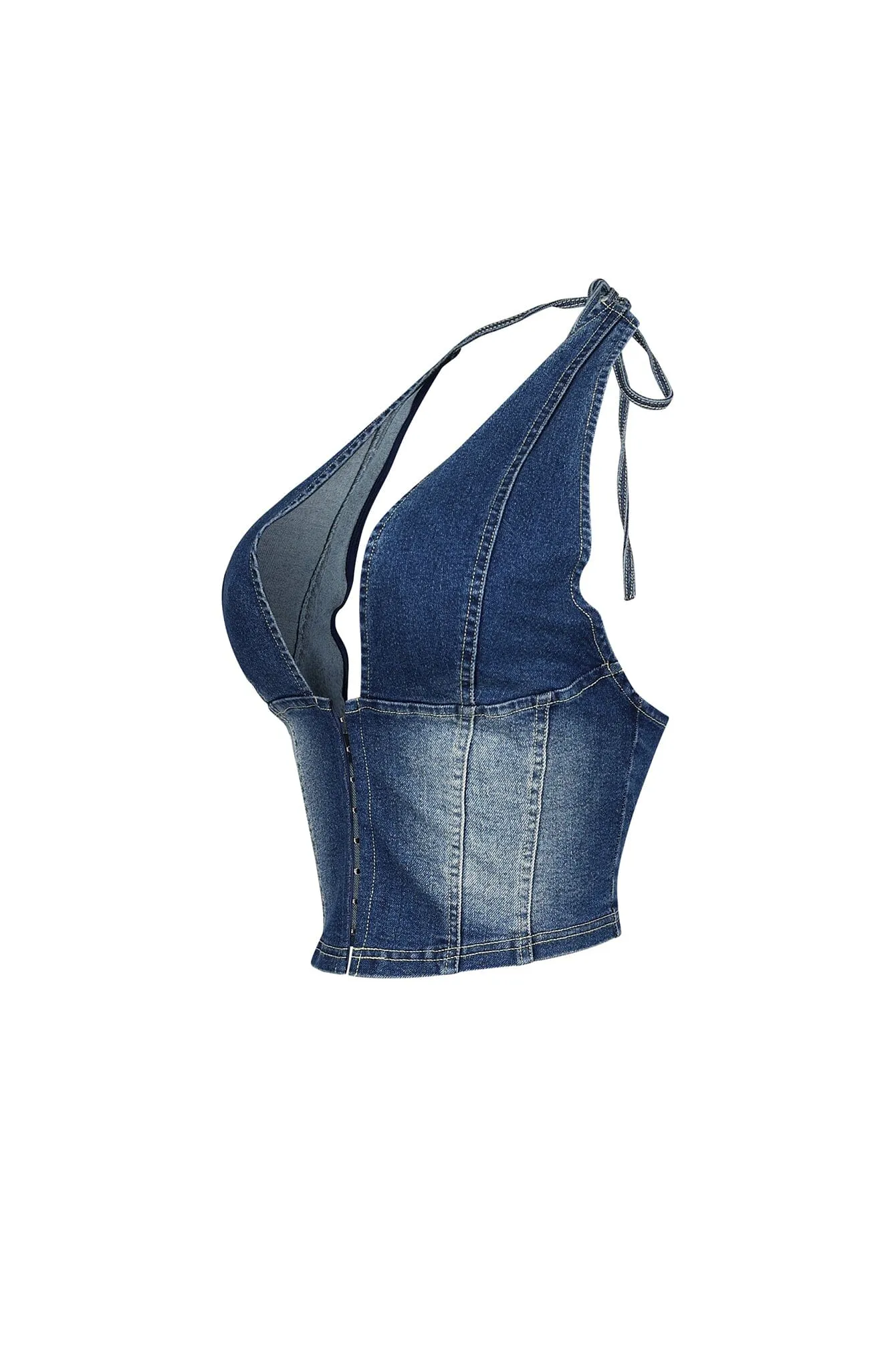 French Terry Texture Denim Diva Plunge Halter Top Buttery Soft Handfeel