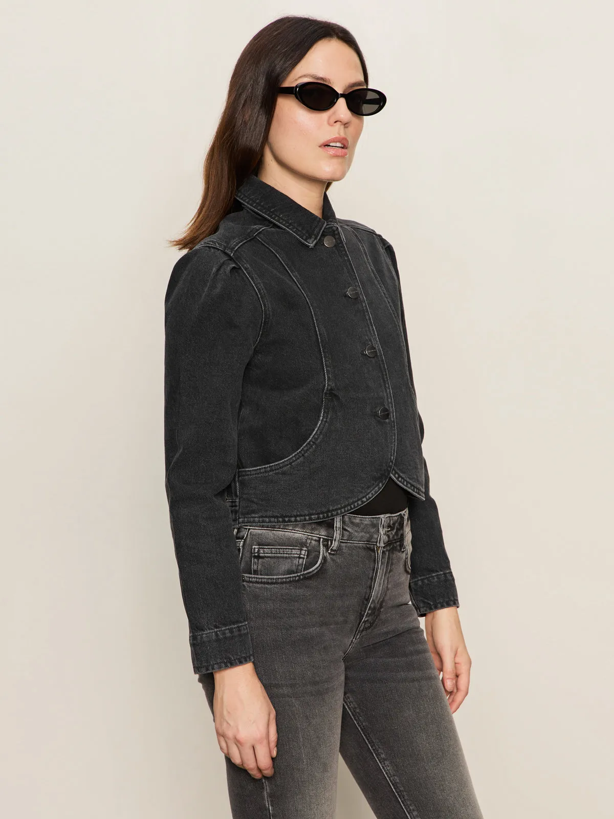 Denim Jacket Washed Black Denim Overlock Edging