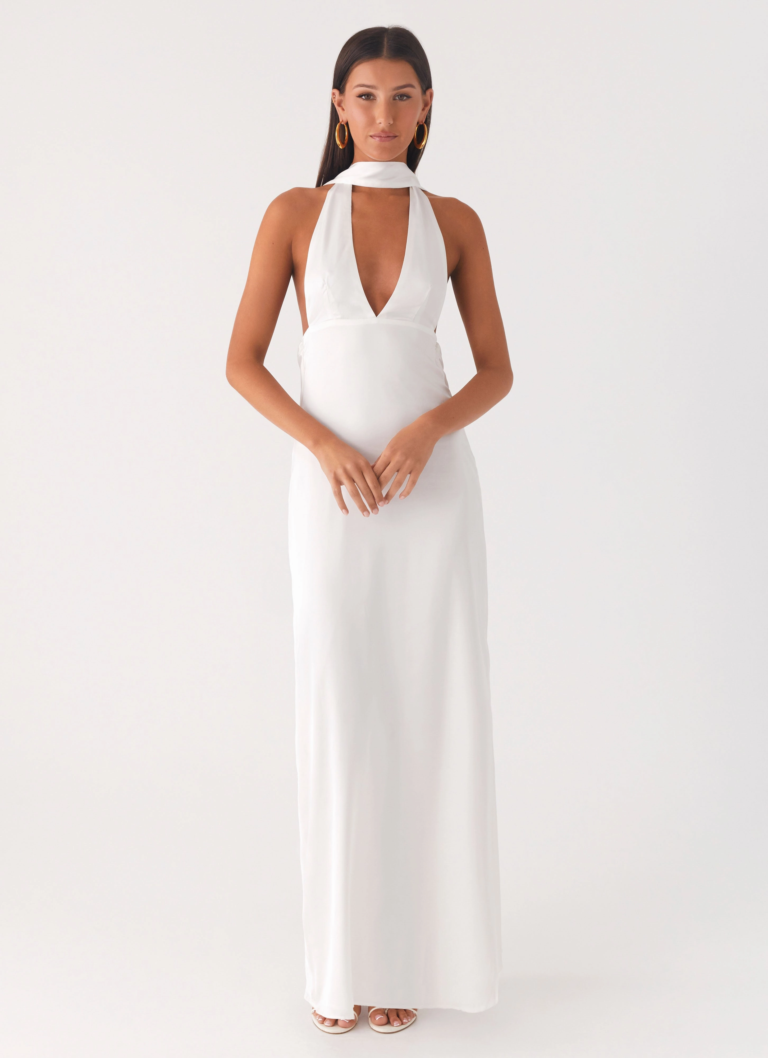Alicia Satin Halter Maxi Dress - White Flap-Detail Vintage Vibe