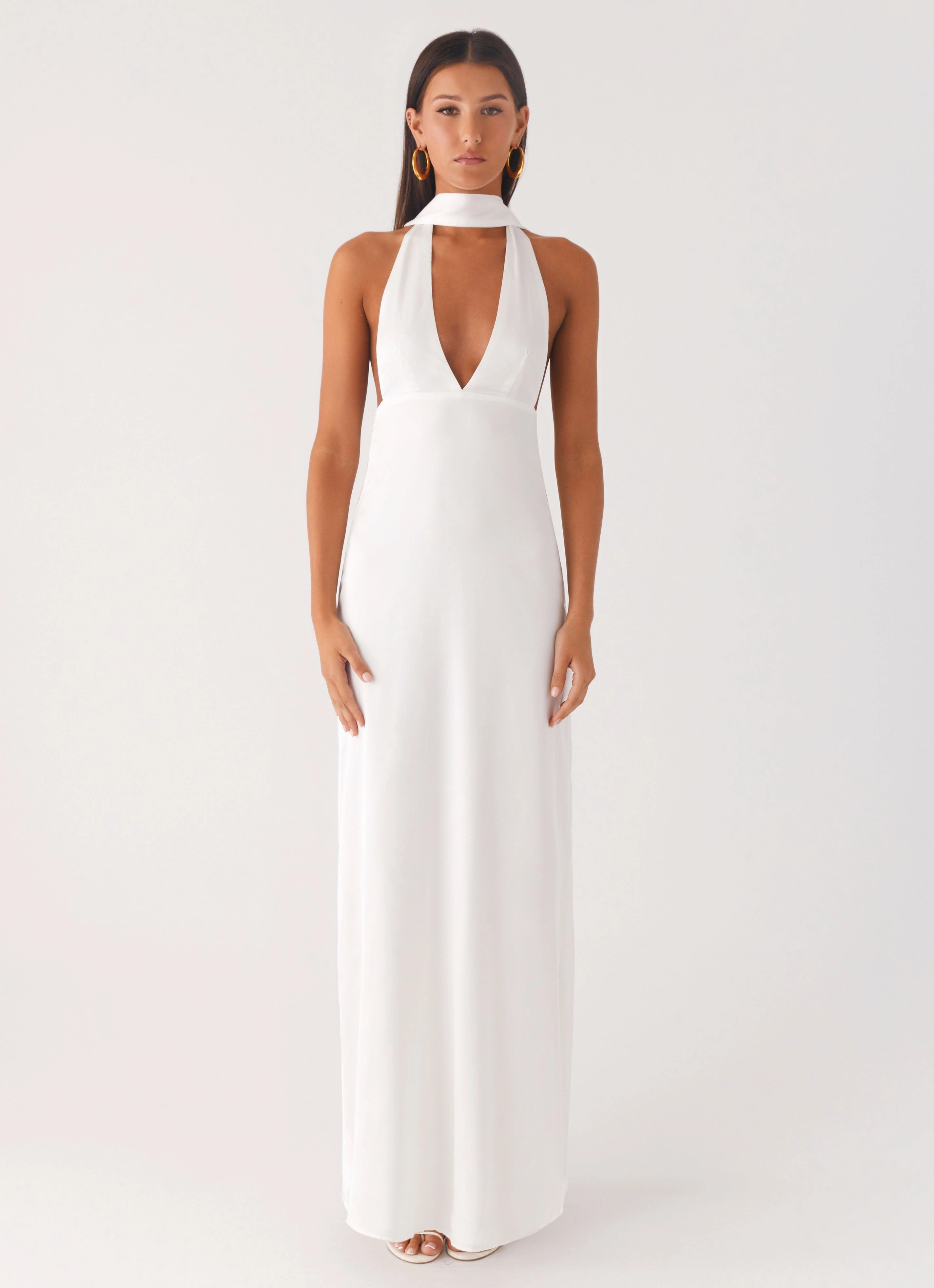 Alicia Satin Halter Maxi Dress - White Flowy casual dress