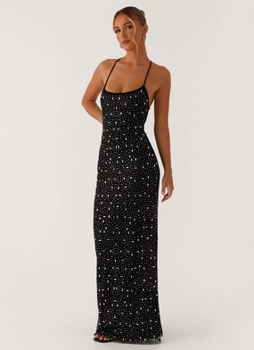 Minimal Outfit Cressida Rhinestone Mesh Maxi Dress - Black
