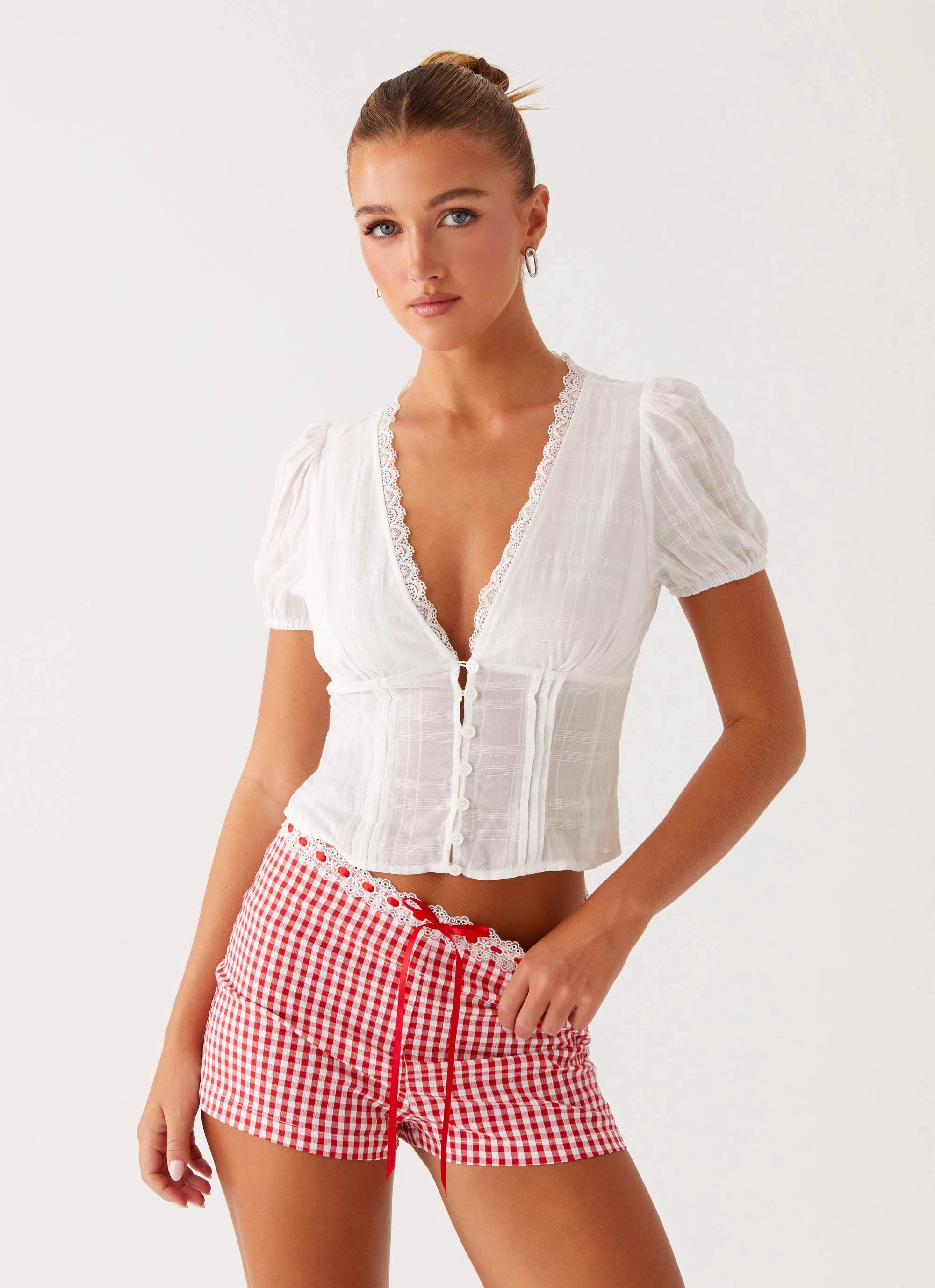 Sustainable Innovation Gathered waist Devon Micro Shorts - Red Gingham