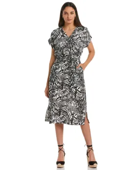 Light Movement All Gender Fit Zebra Print V-neck Midi Dress with Self Fabric Tie