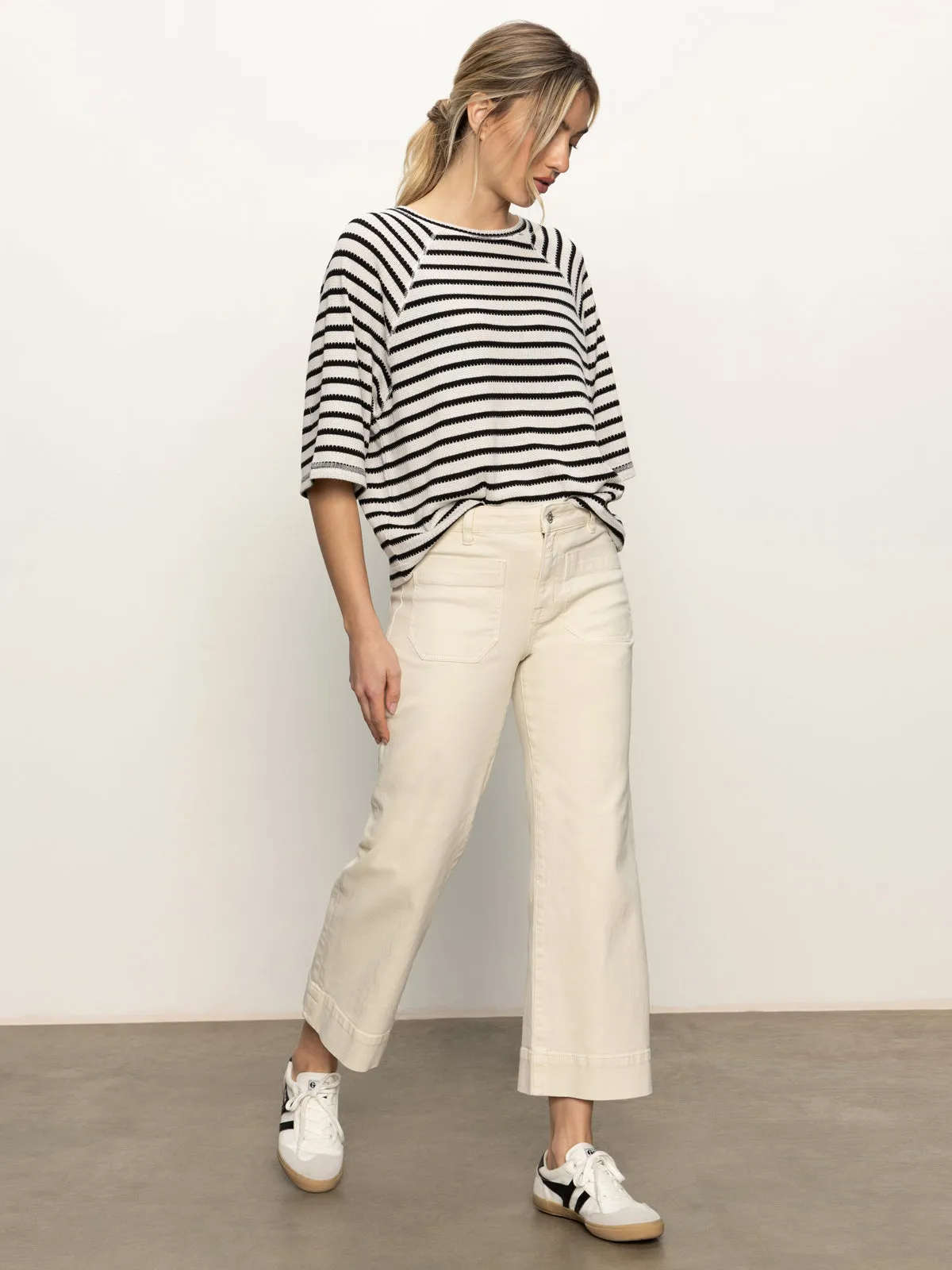 Boxy Raglan Tee Black with Light Oat Stripe Chic Look Flatlock Seam Technology