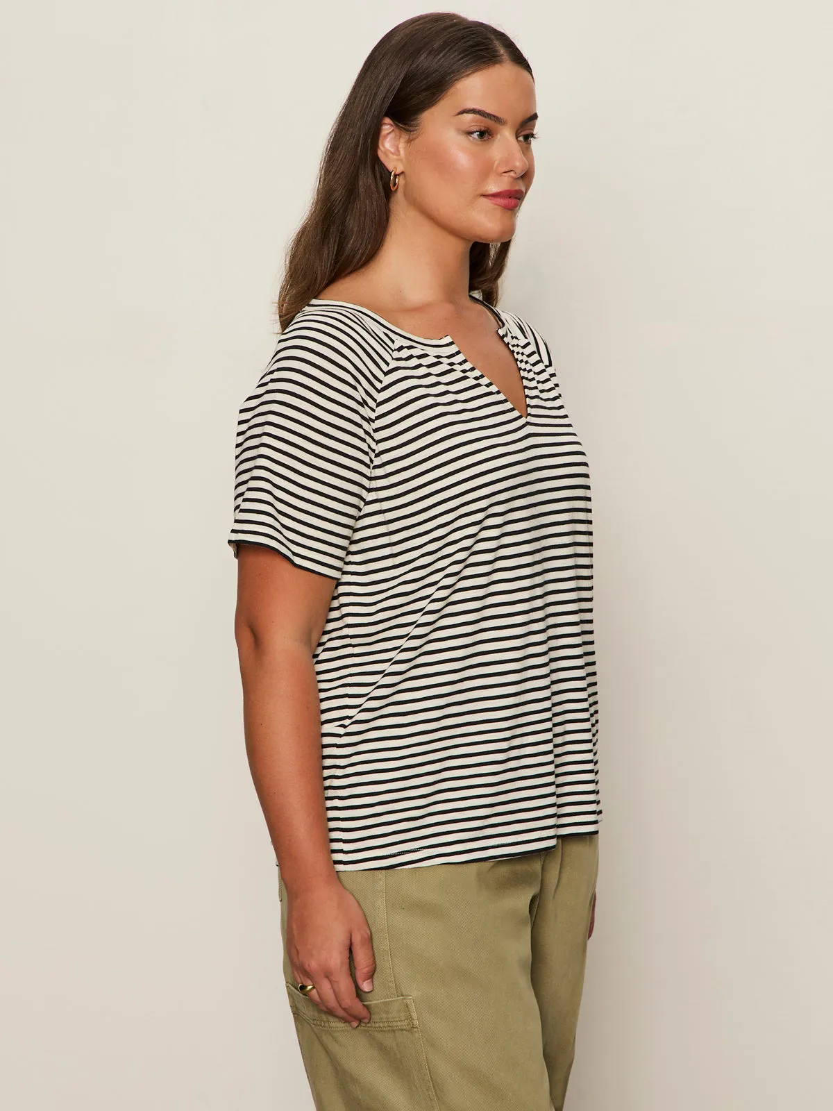 Notch Neck Tee Light Oat/Black Stripe Extended Sizing Summer Polo Sleeveless Top