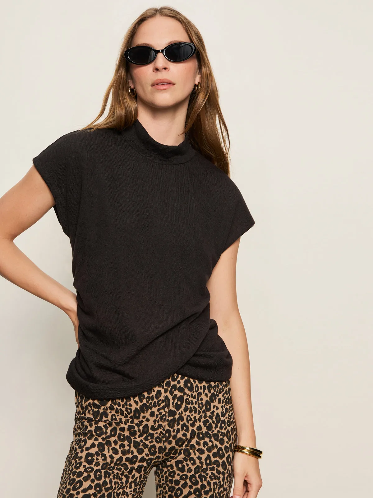 HighElasticity Thread Hidden Zipper Draped Sleeveless Mock Neck Top Black