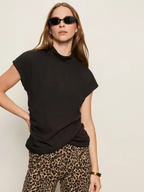 HighElasticity Thread Hidden Zipper Draped Sleeveless Mock Neck Top Black