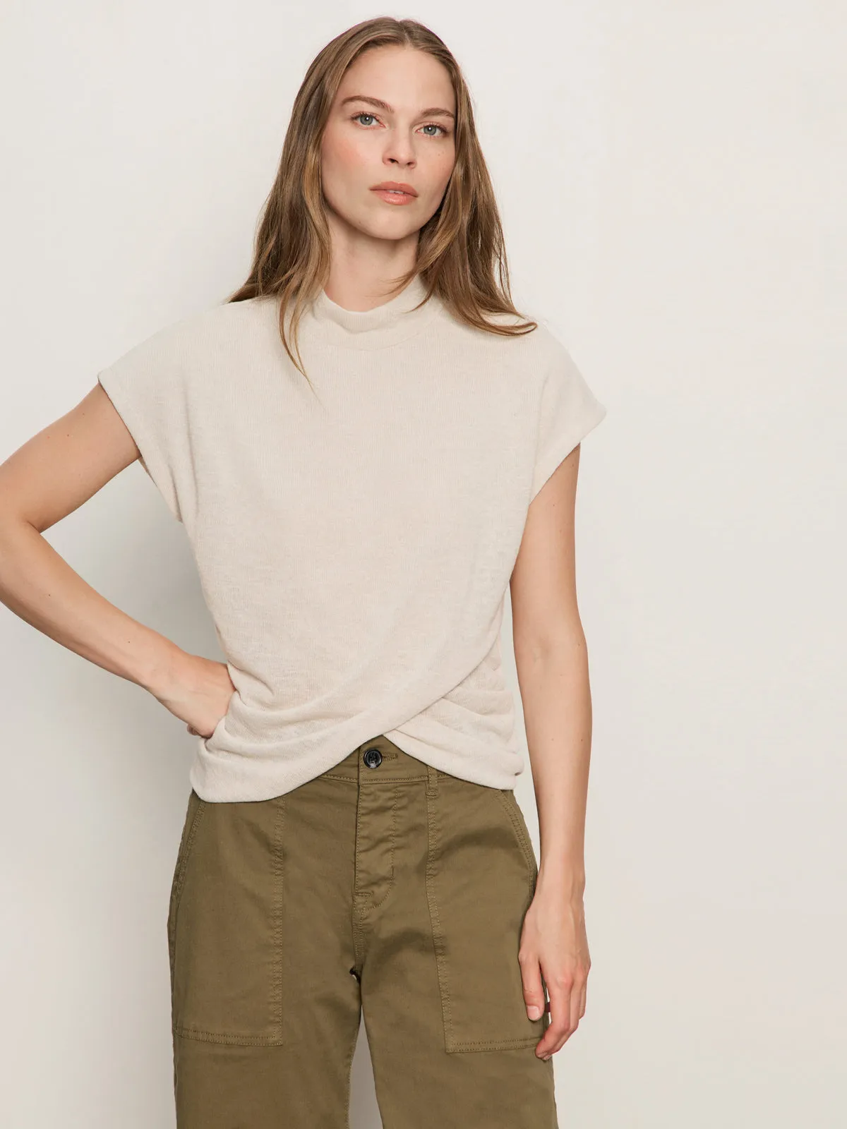 OdorResistant Fabric Draped Sleeveless Mock Neck Top Mother Of Pearl