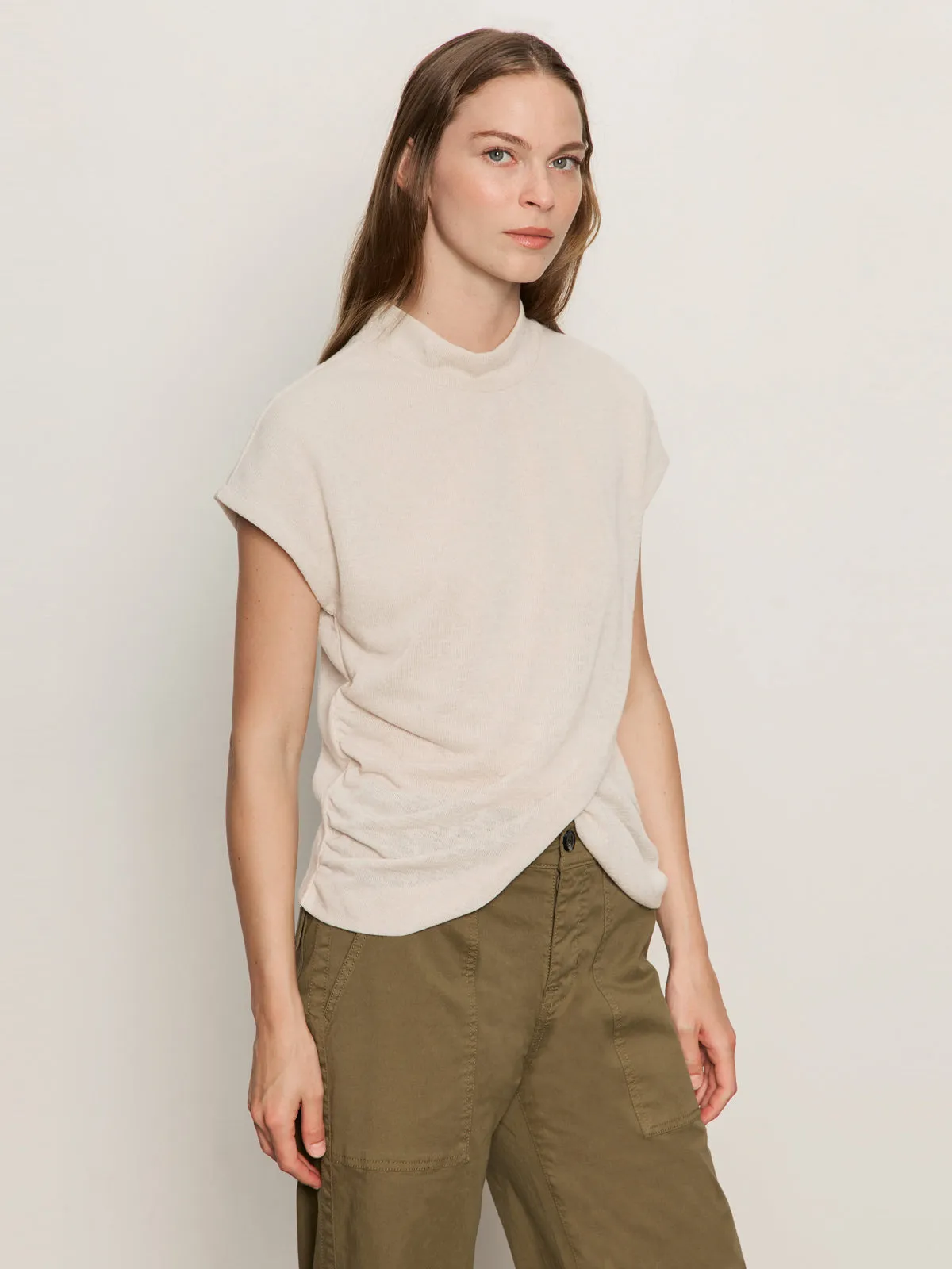 Draped Sleeveless Mock Neck Top Mother Of Pearl Minimalist Stitching