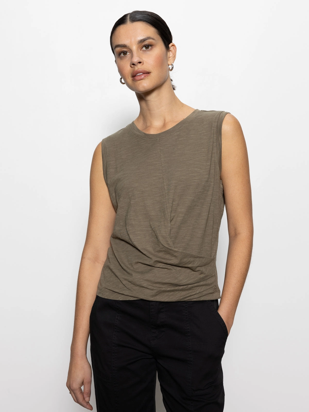 WaterRepellent Finish TemperatureRegulating Fabric Draped Tank Burnt Olive