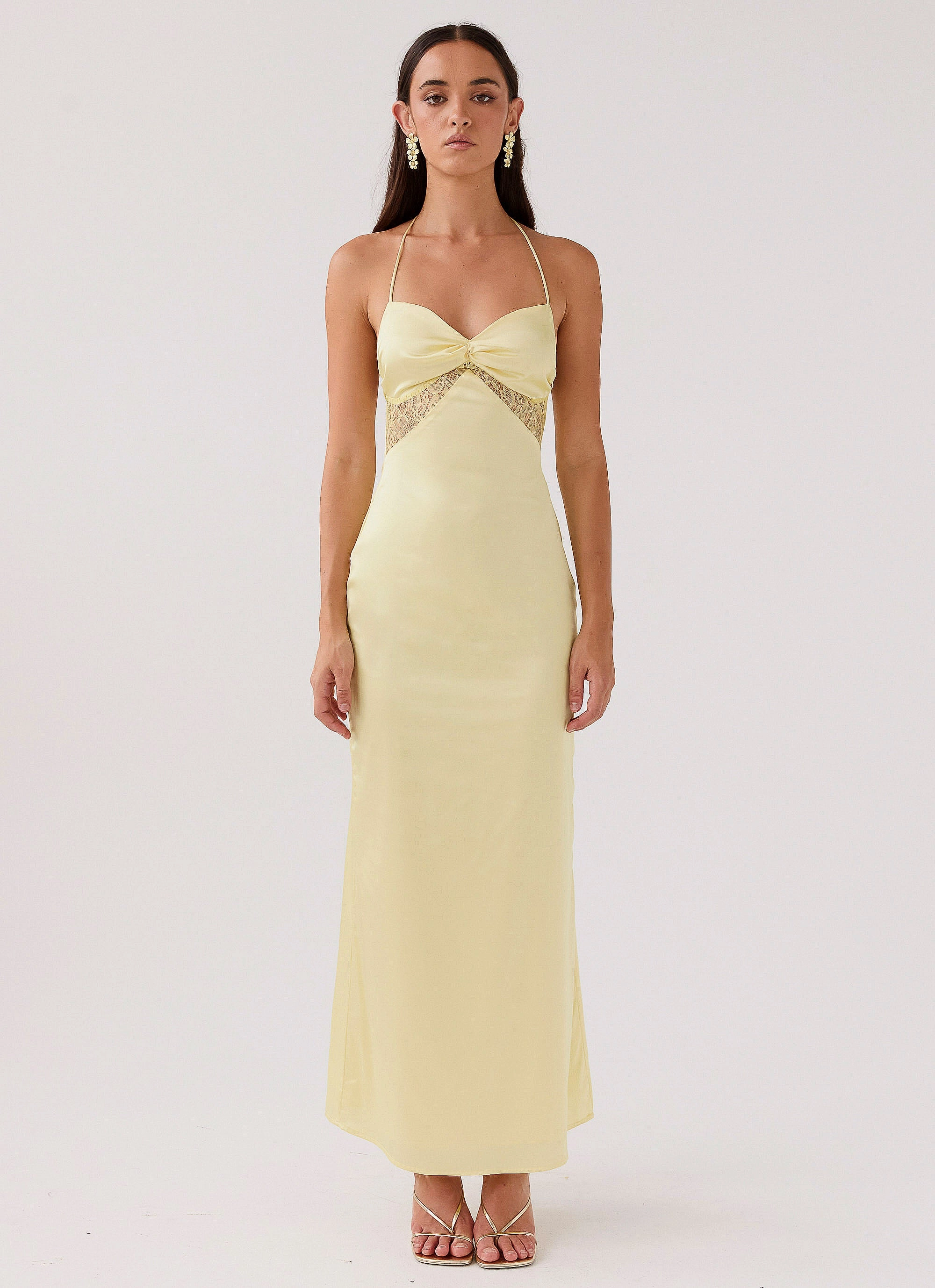 Balanced Tones Dream Sight Lace Satin Maxi Dress - Lemon