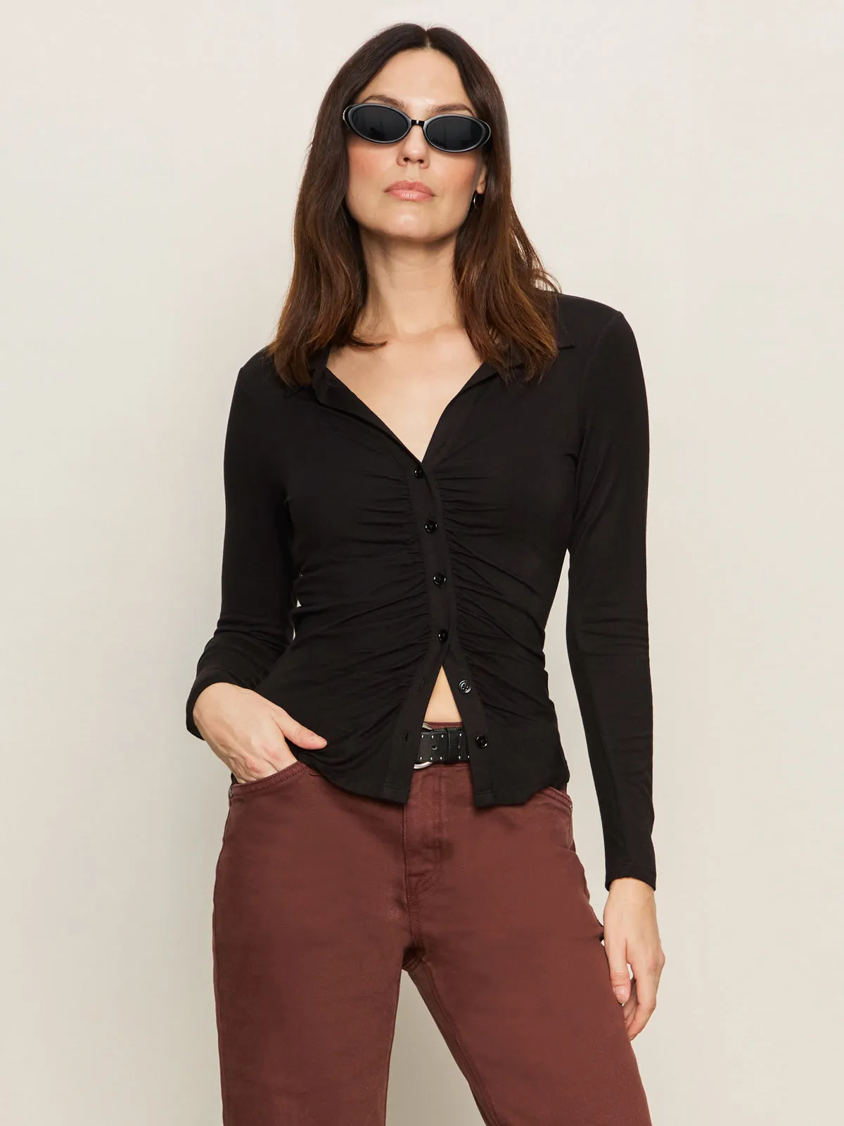 Versatile Wear PaddedInsulation Dreamgirl Knit Button Up Top Black