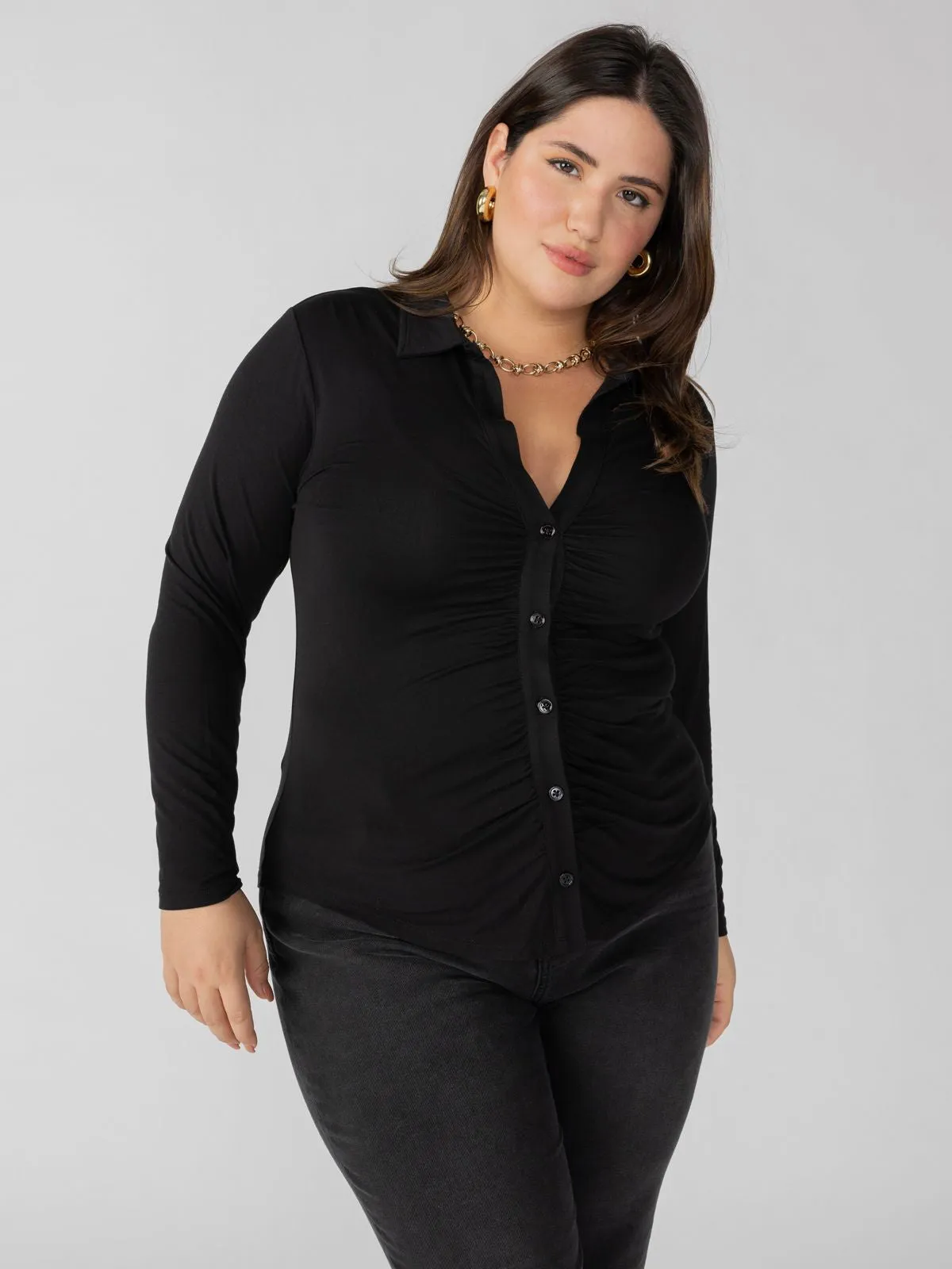 Convertible Style Dreamgirl Knit Button Up Top Black Extended Sizing