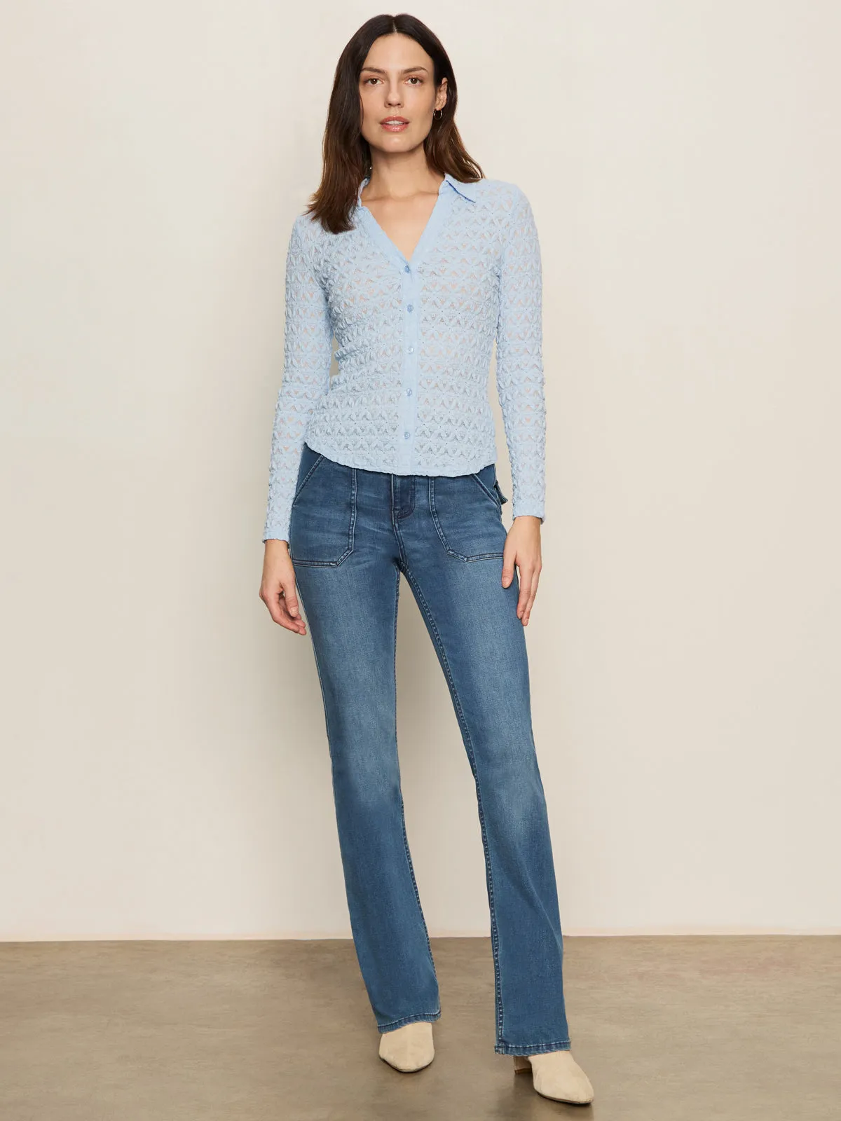 Slim Fit Shirt Breathable Linen Blend Dreamgirl Lace Button Up Top Blue Powder