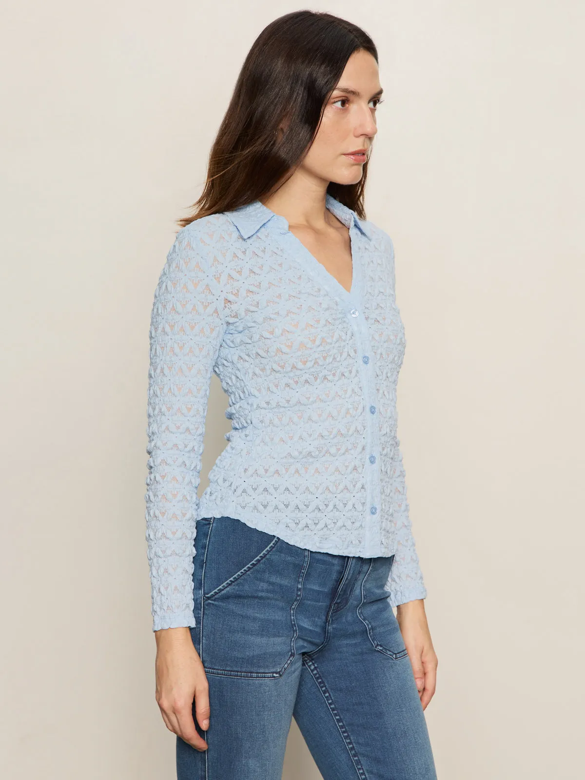 Dreamgirl Lace Button Up Top Blue Powder Microfiber texture