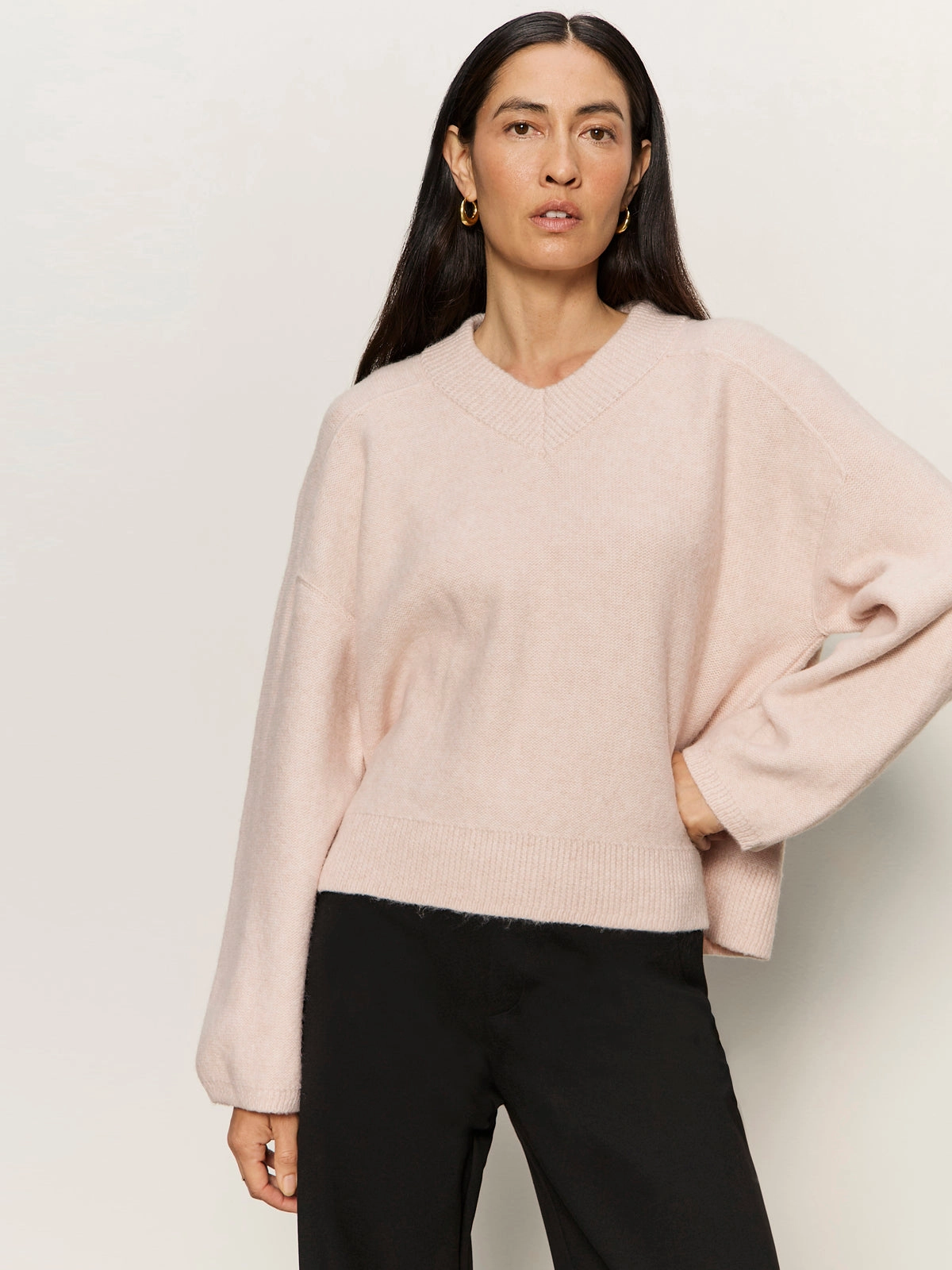 Dreamy V Neck Sweater Heather Rose Multi Panel Design