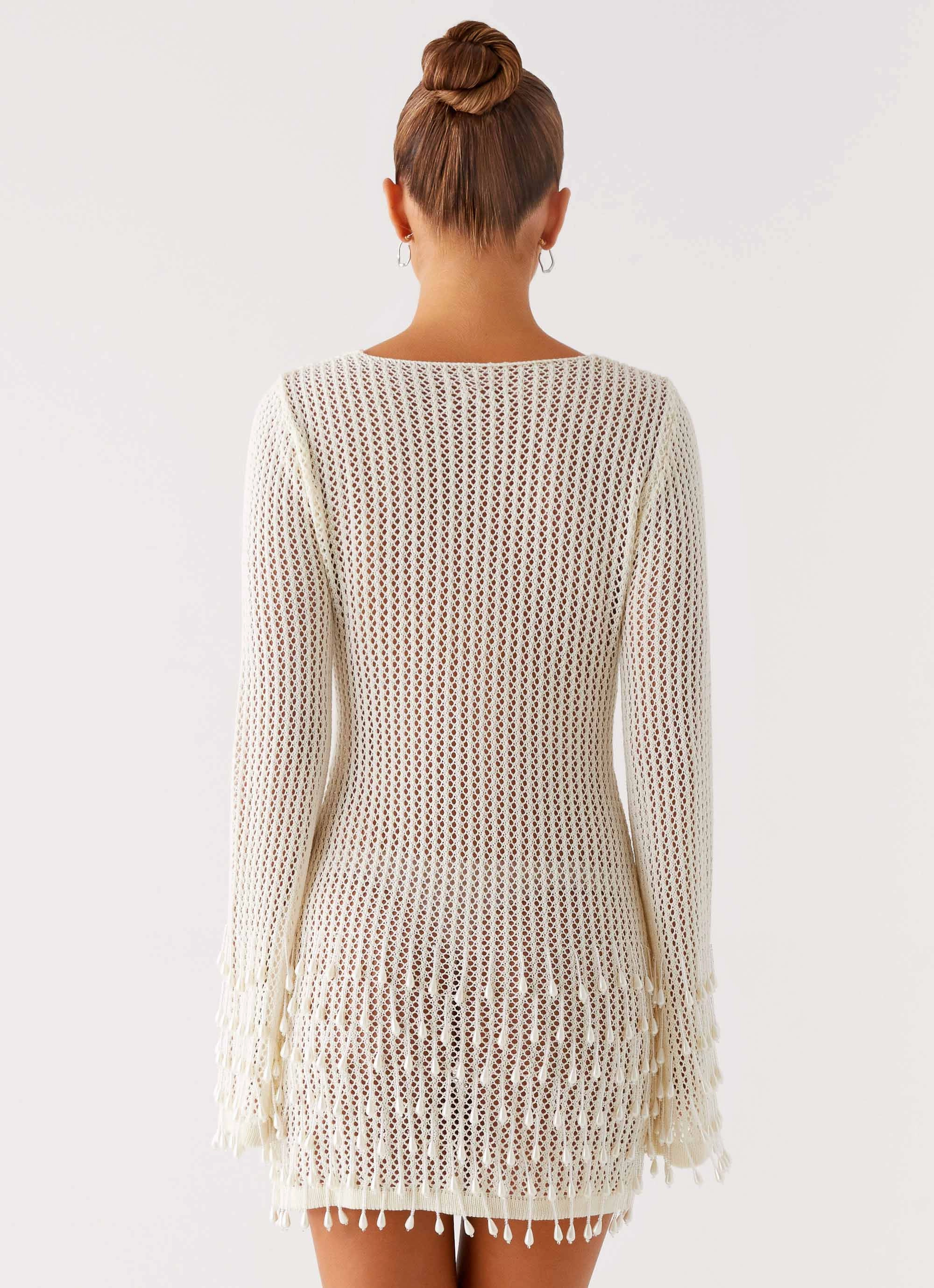 Majestic Beaded Crochet Mini Dress - Ivory Light Fall Luxe style
