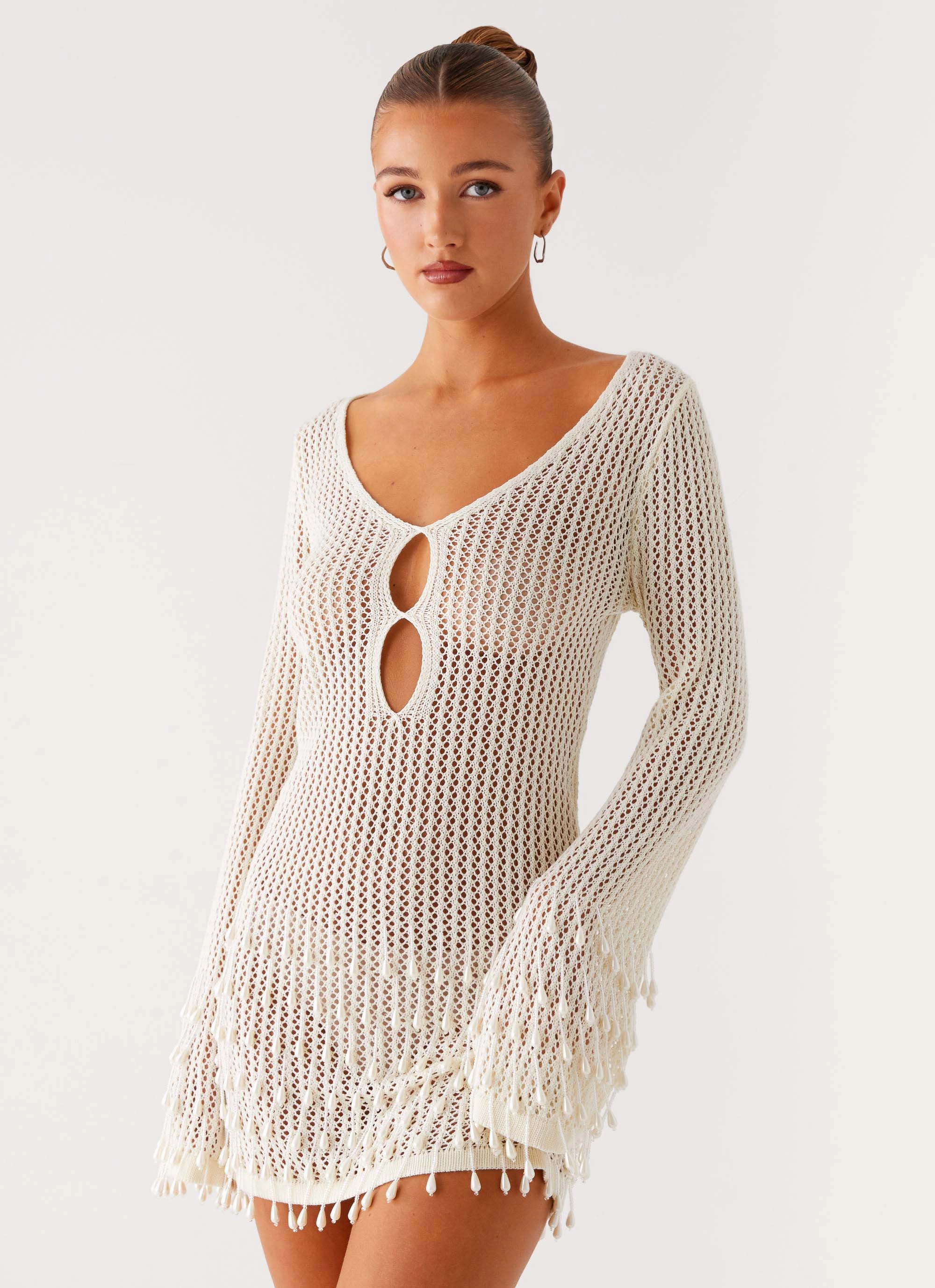 Majestic Beaded Crochet Mini Dress - Ivory light texture