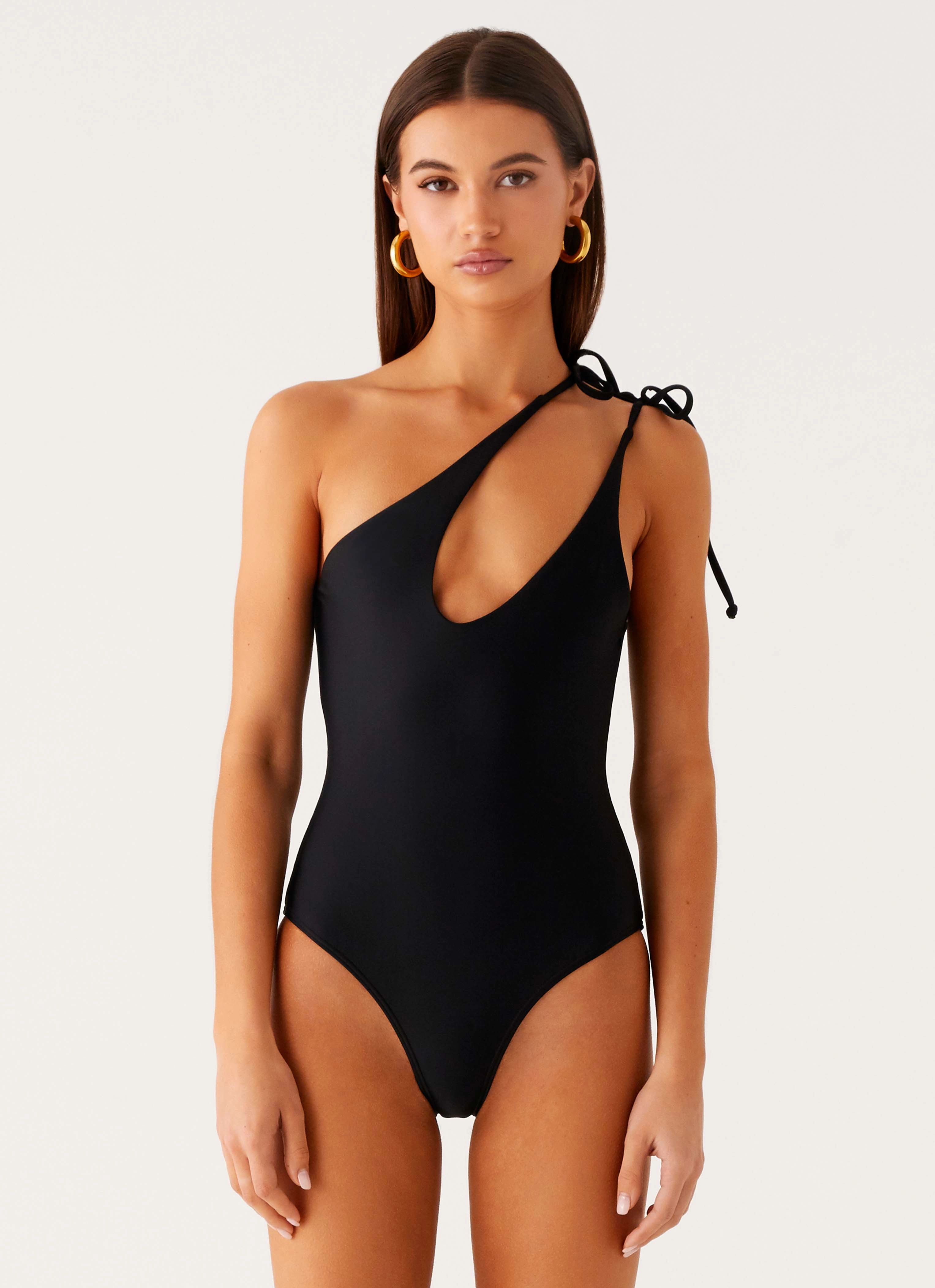Ribbed Fabric Abrasion Resistant Texture Drifted One Piece Swimsuit - Black