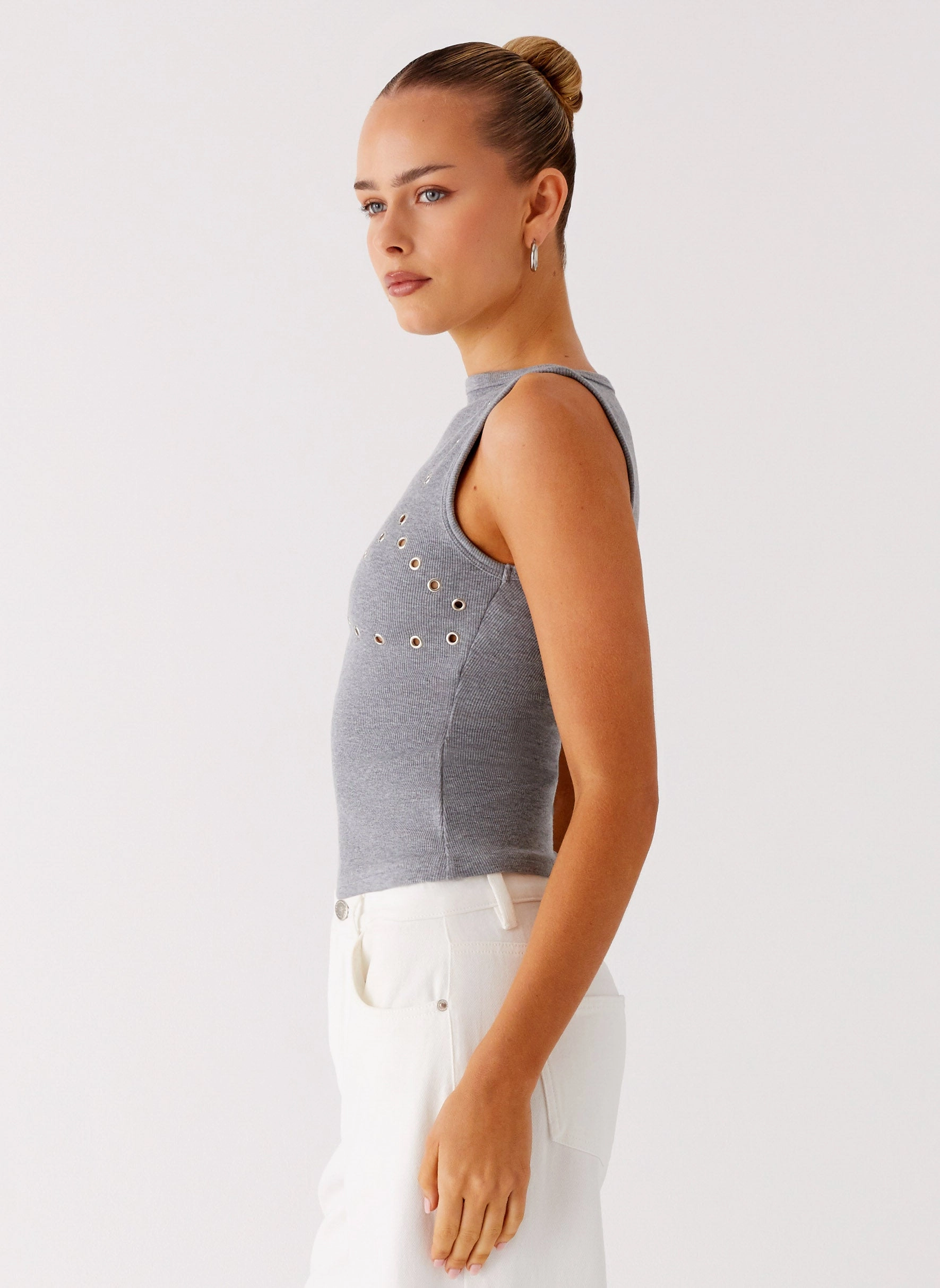 summer top Stretchable Waistband Drop Top Ribbed Eyelet Tank Top - Marle Grey