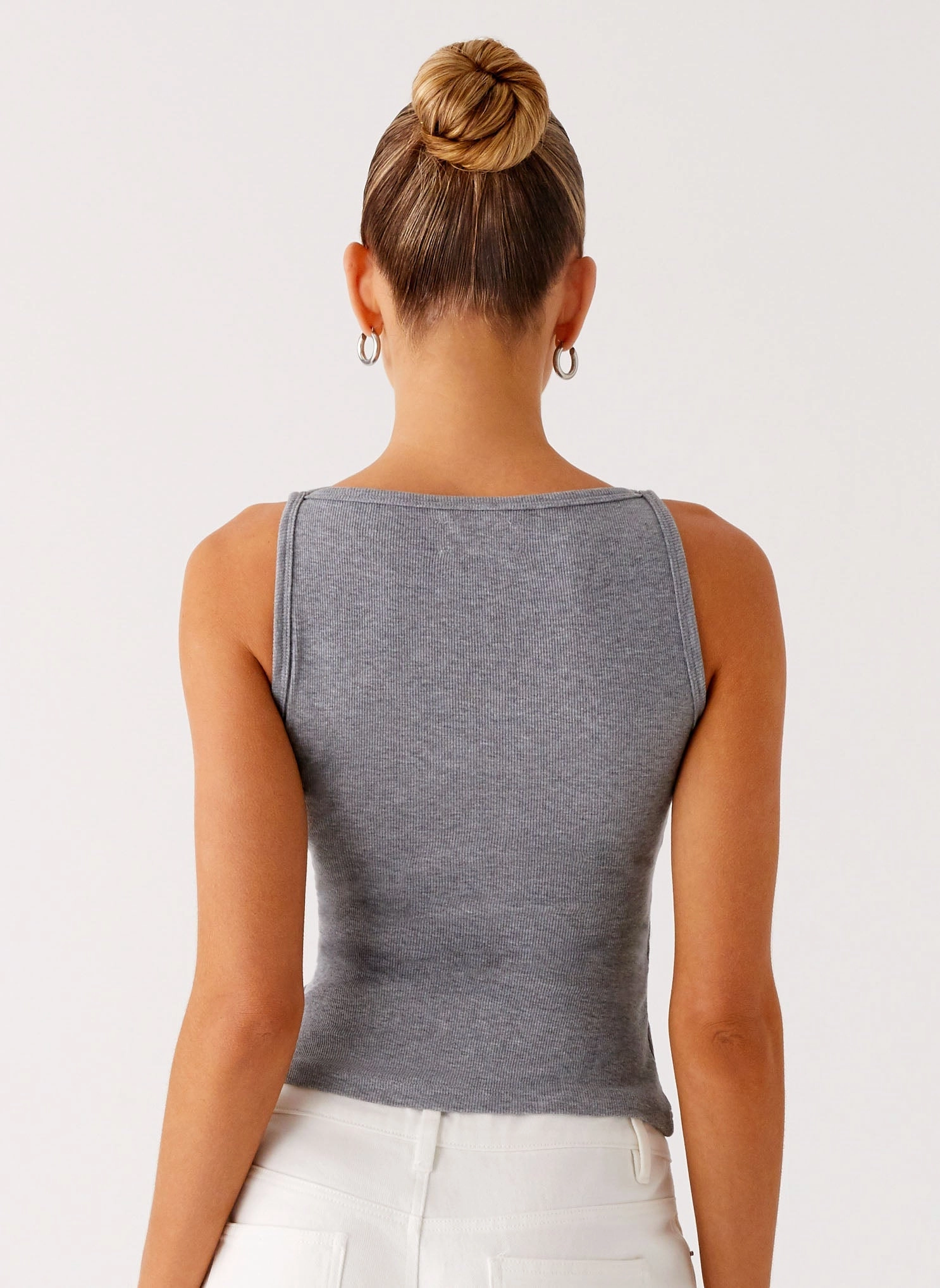 Flexible Knit Blend retro look Drop Top Ribbed Eyelet Tank Top - Marle Grey