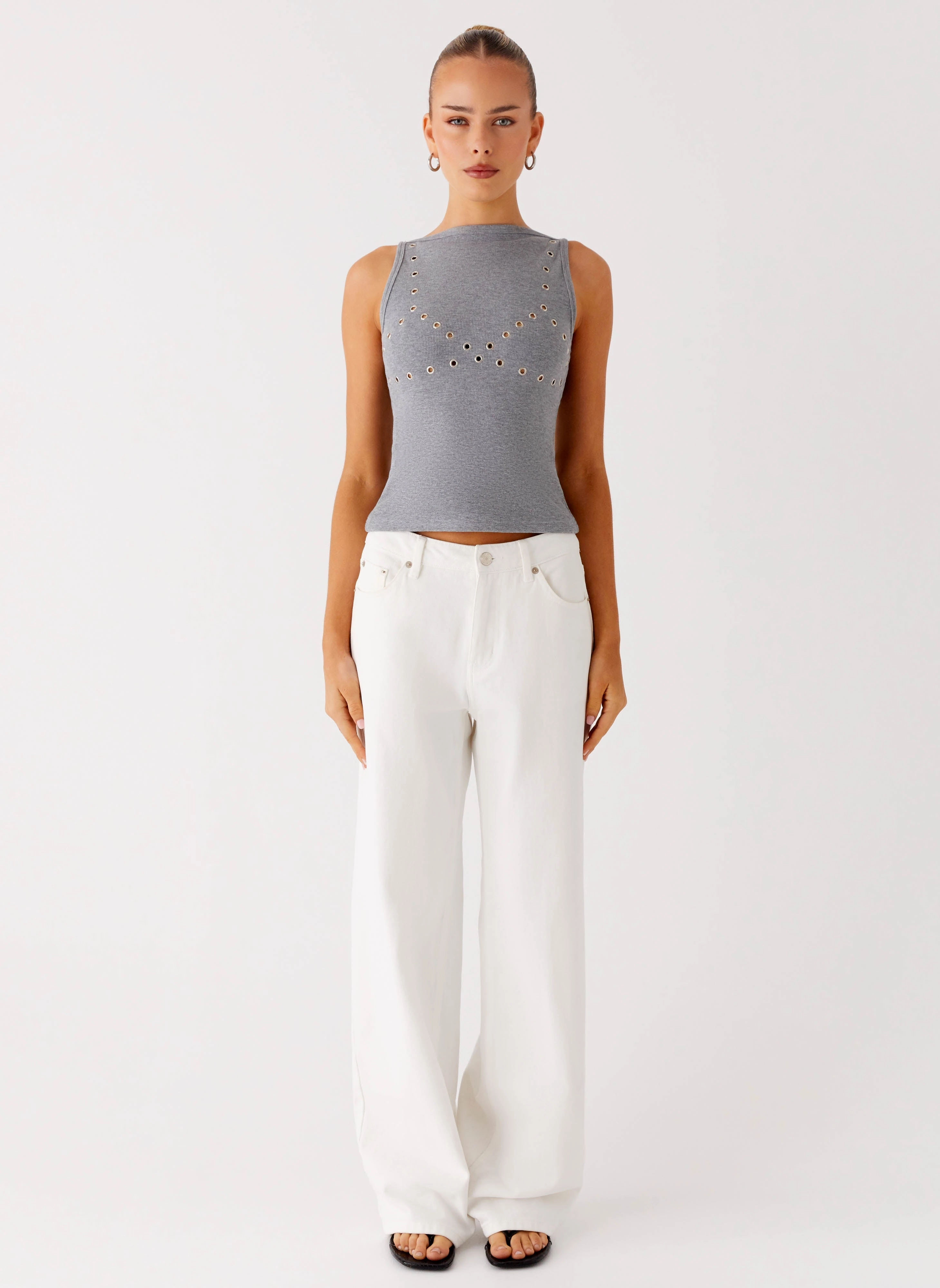 Drop Top Ribbed Eyelet Tank Top - Marle Grey FlexibleCollarStructure