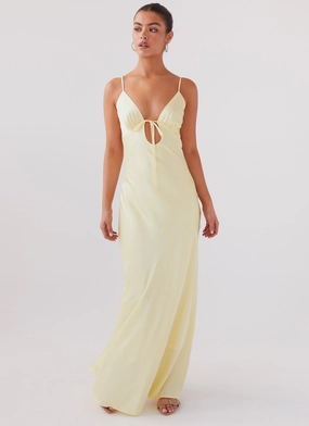 Fashionable Comfort Flattering Style Fit Flora Satin Maxi Dress - Lemon