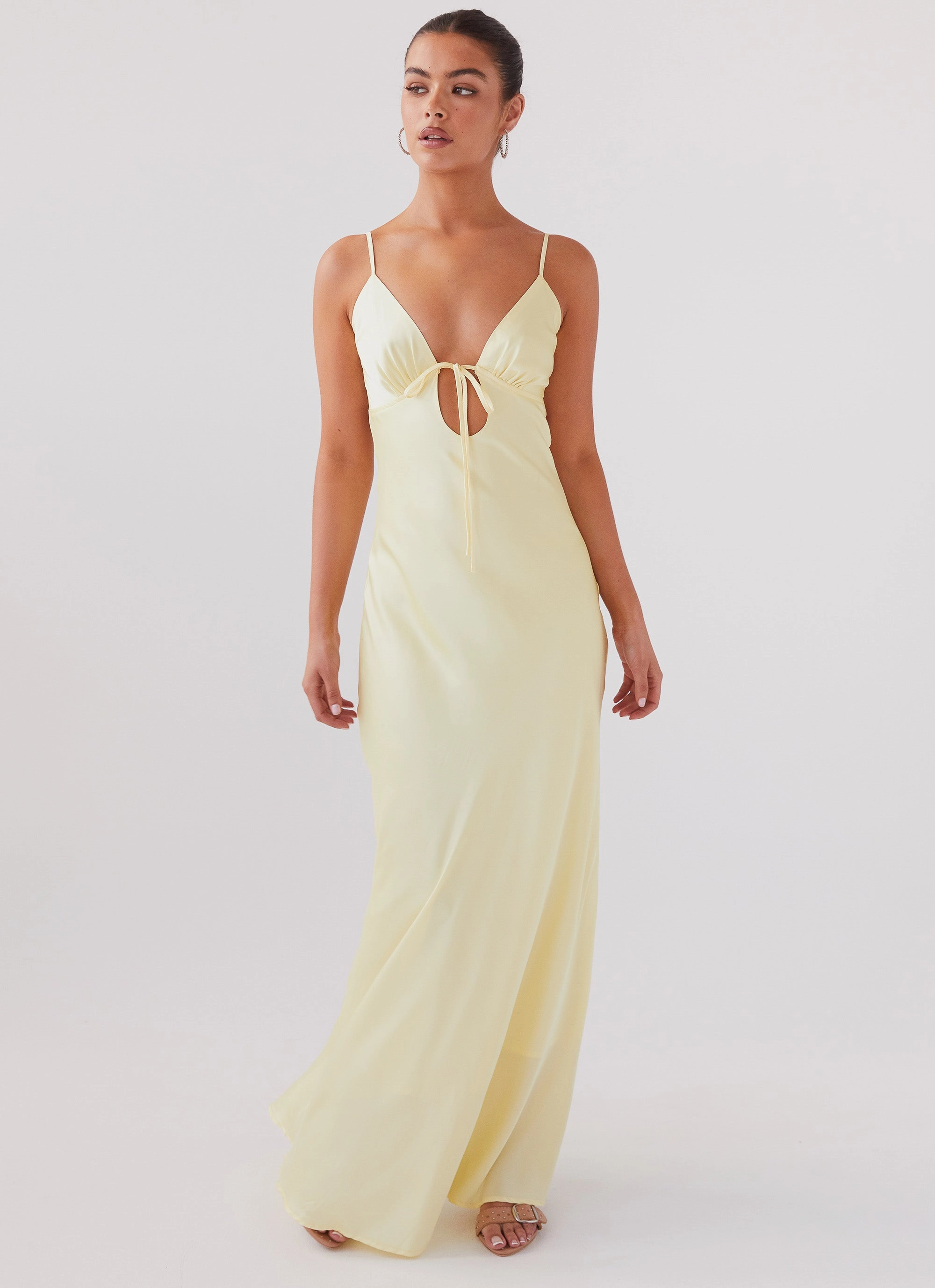 Fashionable Comfort Flattering Style Fit Flora Satin Maxi Dress - Lemon