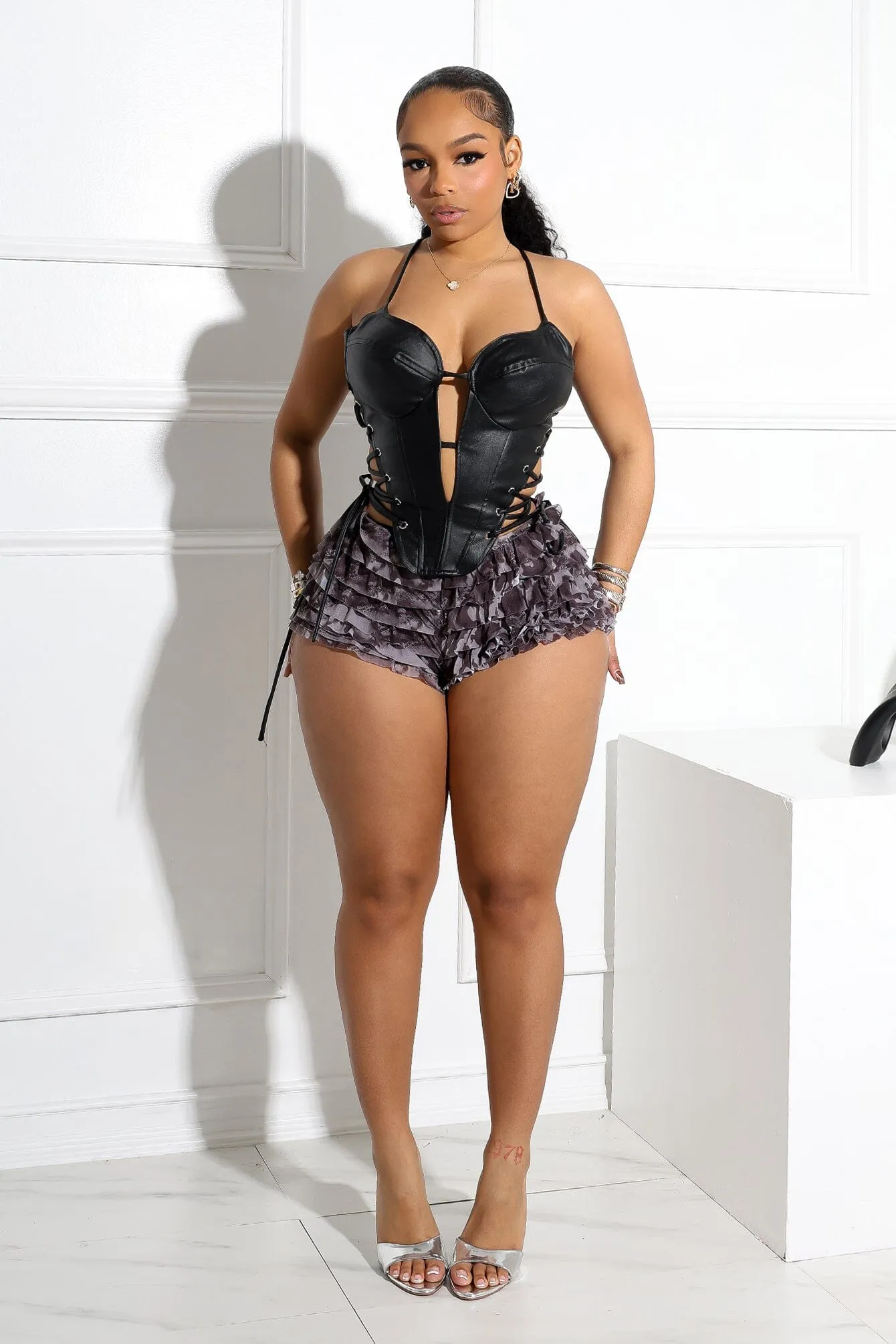 handmade touch factory work Brennan Mesh Snake Print Ruffle Shorts