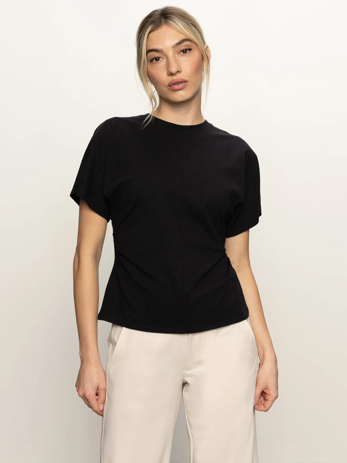 Shirred Waist Dolman Tee Black Double Stitched Hems Non Restrictive Mobility