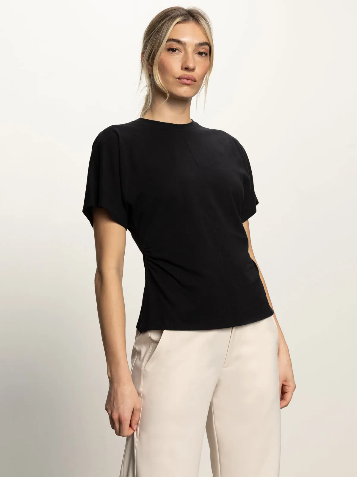 Shirred Waist Dolman Tee Black Airflow Optimized Weave