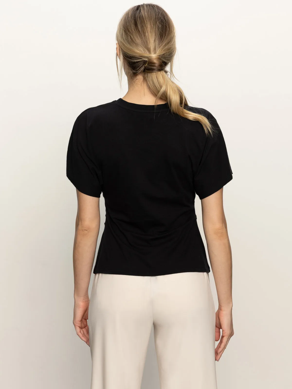 Interlock Weave DropShoulder Shirred Waist Dolman Tee Black