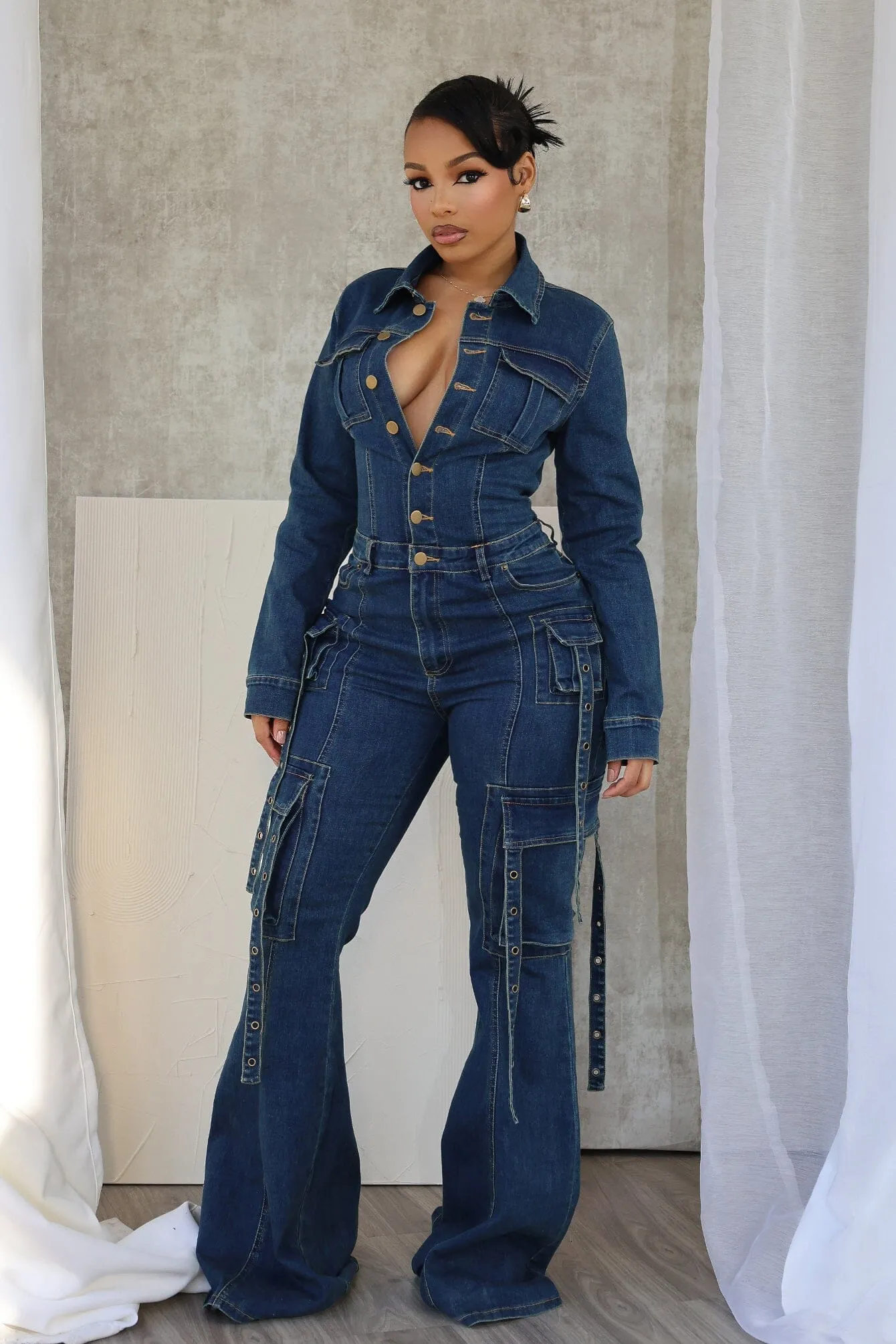 Formal Look Celene Flare Hem Denim Jumpsuit