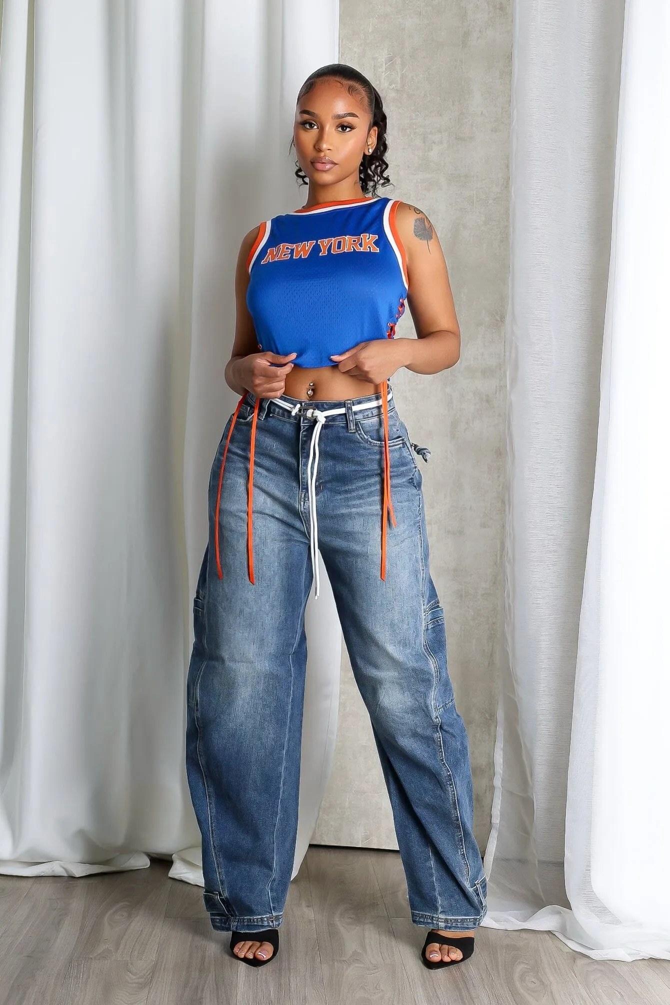 V-neck Blouse Empire Mesh New York Jersey Top