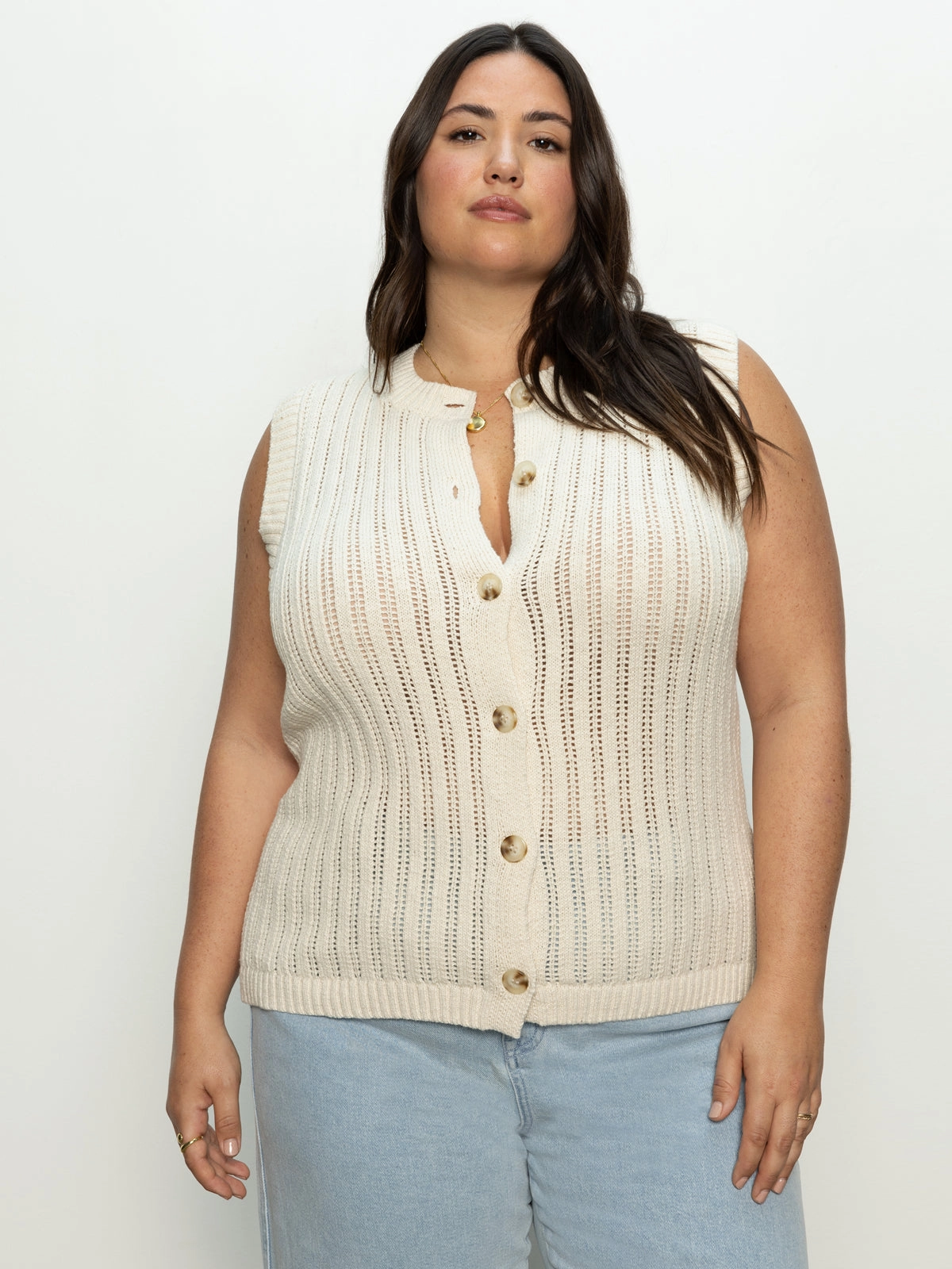 Pointelle Shell Sweater Eco Natural Extended Sizing LightweightDesign All-Purpose Wear