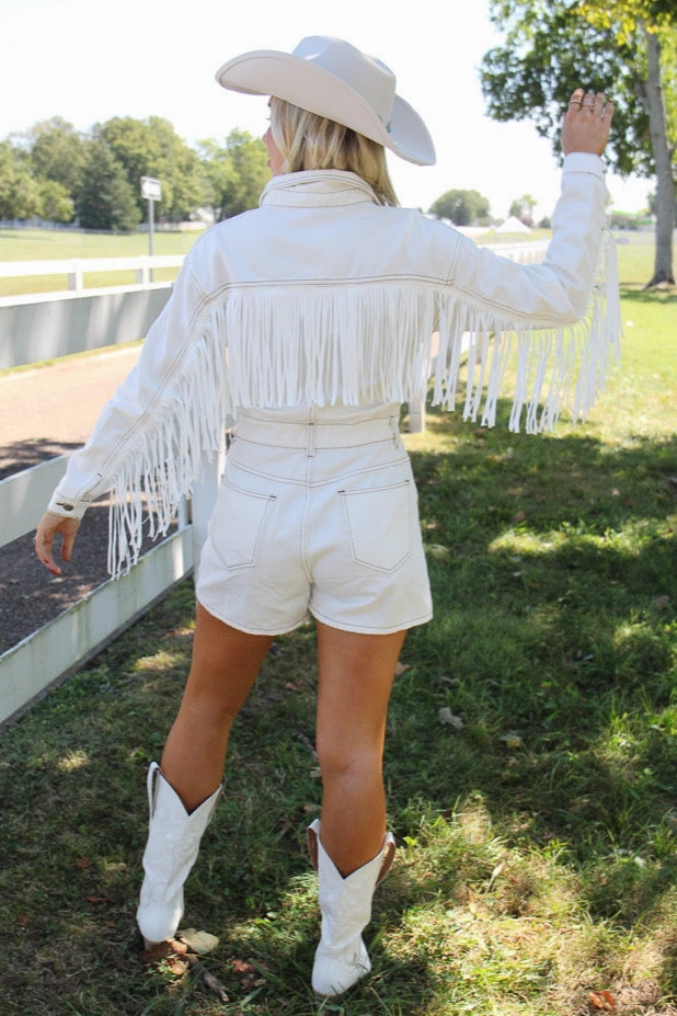 Daily Basic Wyoming Western Fringe Romper - White