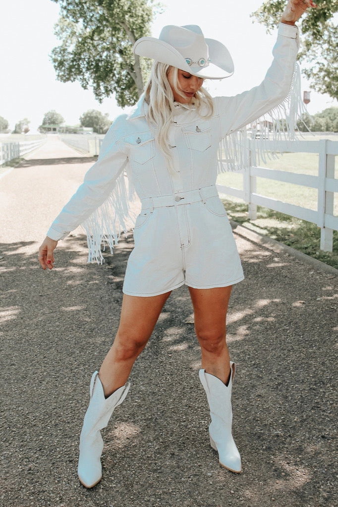 Bold Casual Friday Wyoming Western Fringe Romper - White