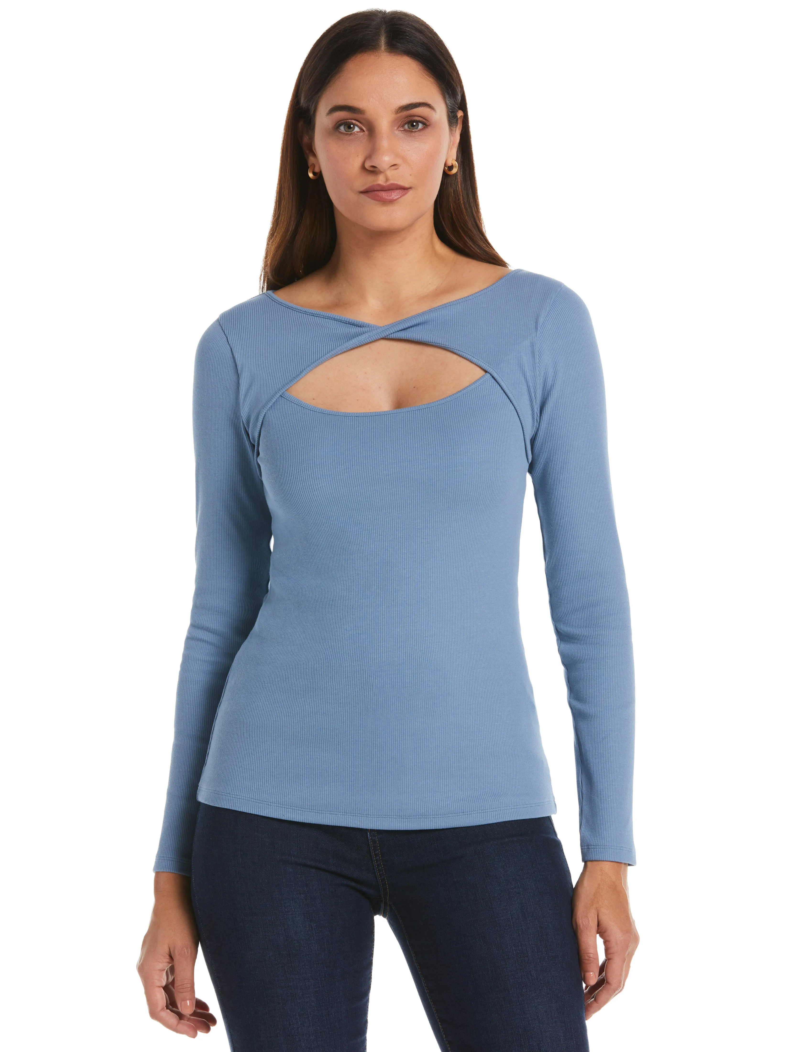 Ribbed Collar Design Midweight Four Way Stretch Rib Knit Cutout Top