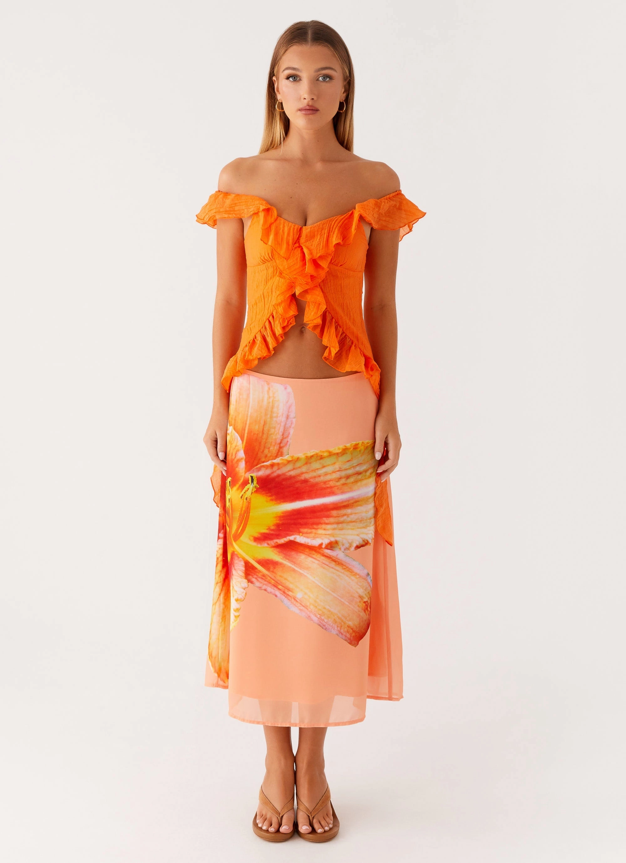 Dylan Off Shoulder Top - Orange Casual Button-Down