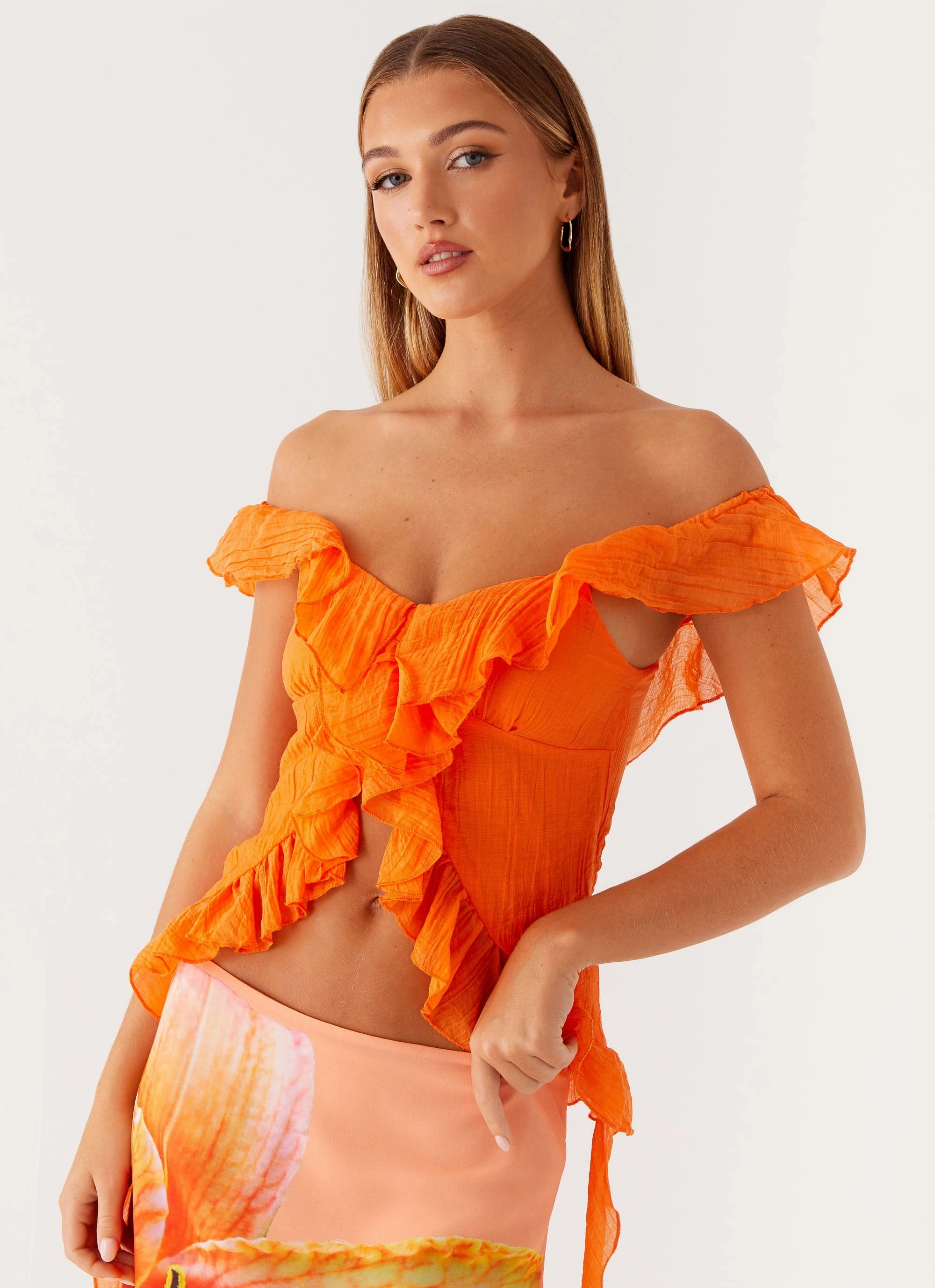 Dylan Off Shoulder Top - Orange Stretchable Knit