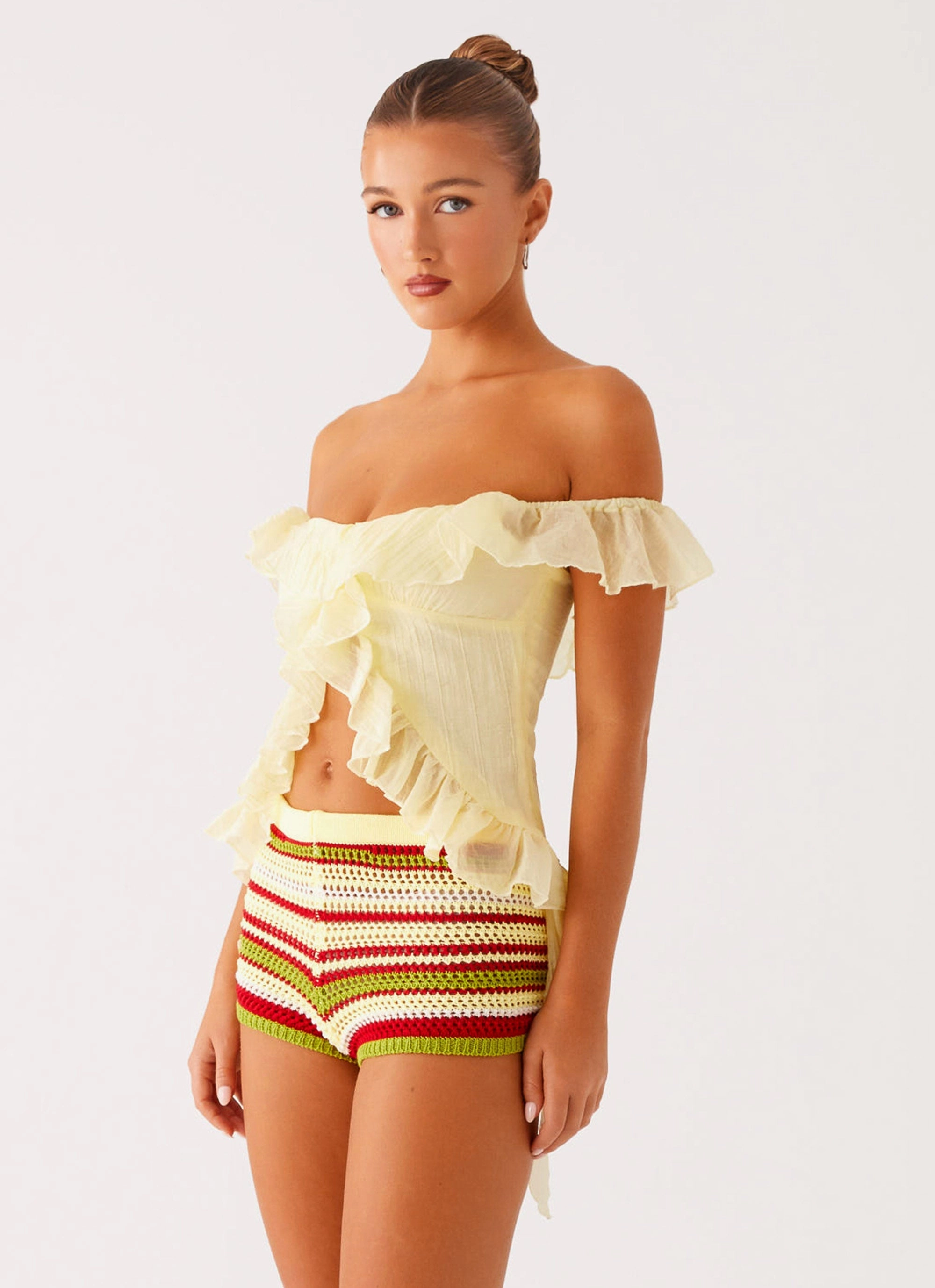 Flexible Ribbed Cuffs Layered Collar System Dylan Off Shoulder Top - Yellow