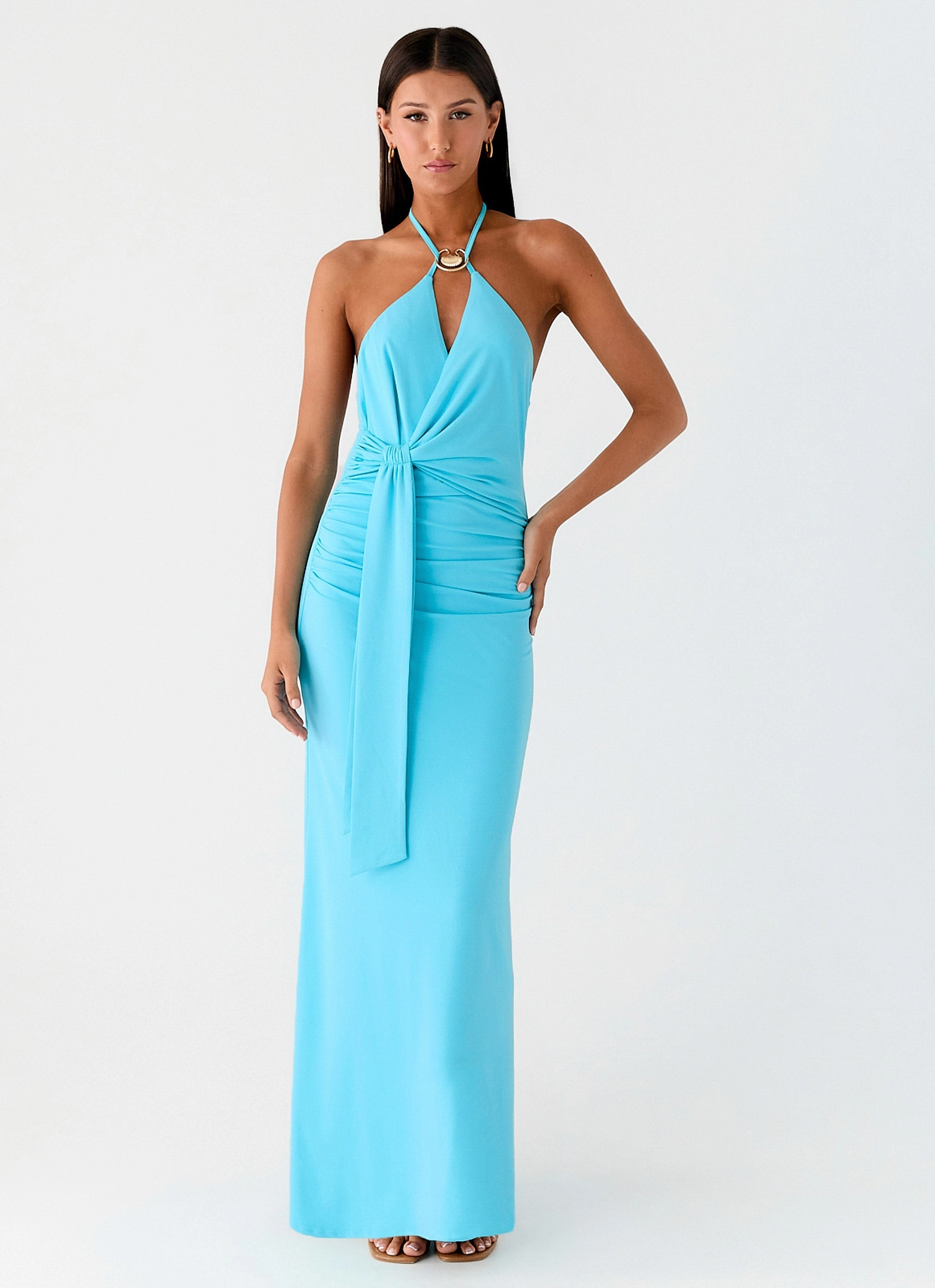 Dare Me Halter Maxi Dress - Aqua Blue Sleek Drape BreathableFabric