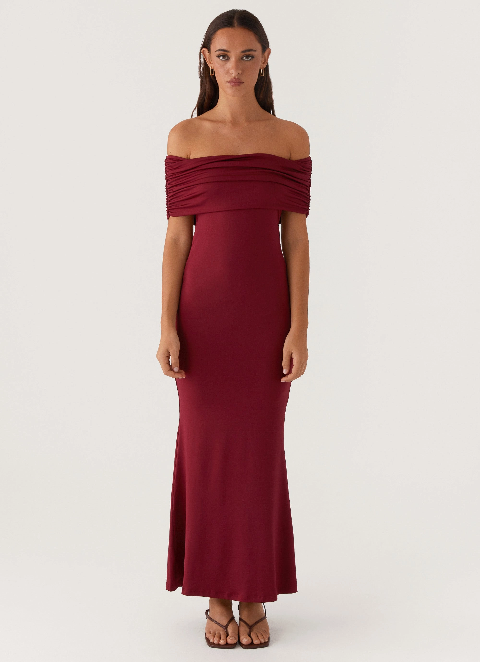 Maude Maxi Dress - Maroon Sleek Appearance Rhinestone-Detail
