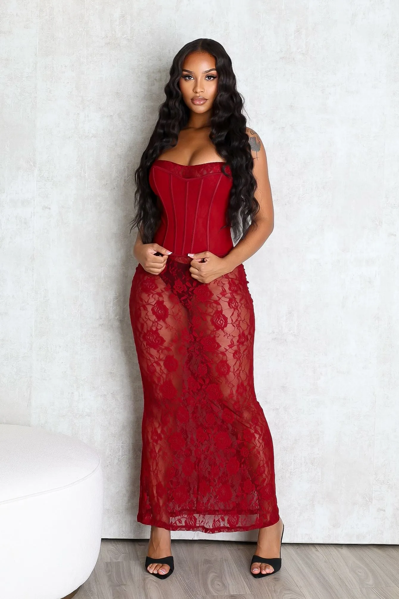 Ebone Lace Corset Maxi Dress Feminine midi gown