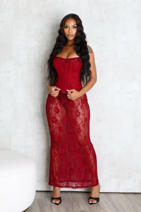 Mom Chic Gemstone-Detail Ebone Lace Corset Maxi Dress