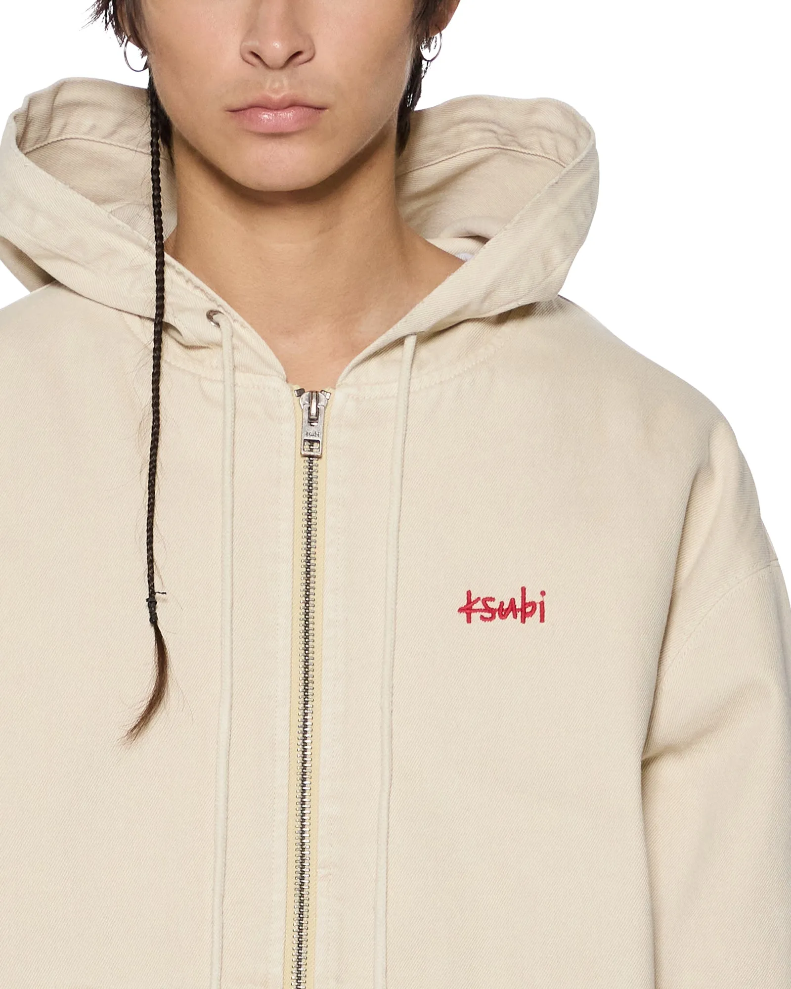 Wrinkle Resistant Finish Temperature Regulating Fibers Eco Friendly Design ZIPPED DENIM HOODIE ECRU